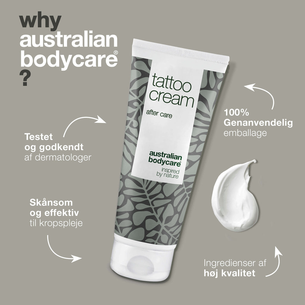 Tattoo Creme – Fugter, beroliger og bevarer farven — Tattoo Creme med Panthenol og Ricinusolie fugter, beskytter og plejer både nye og gamle tatoveringer. Holder farverne friske.