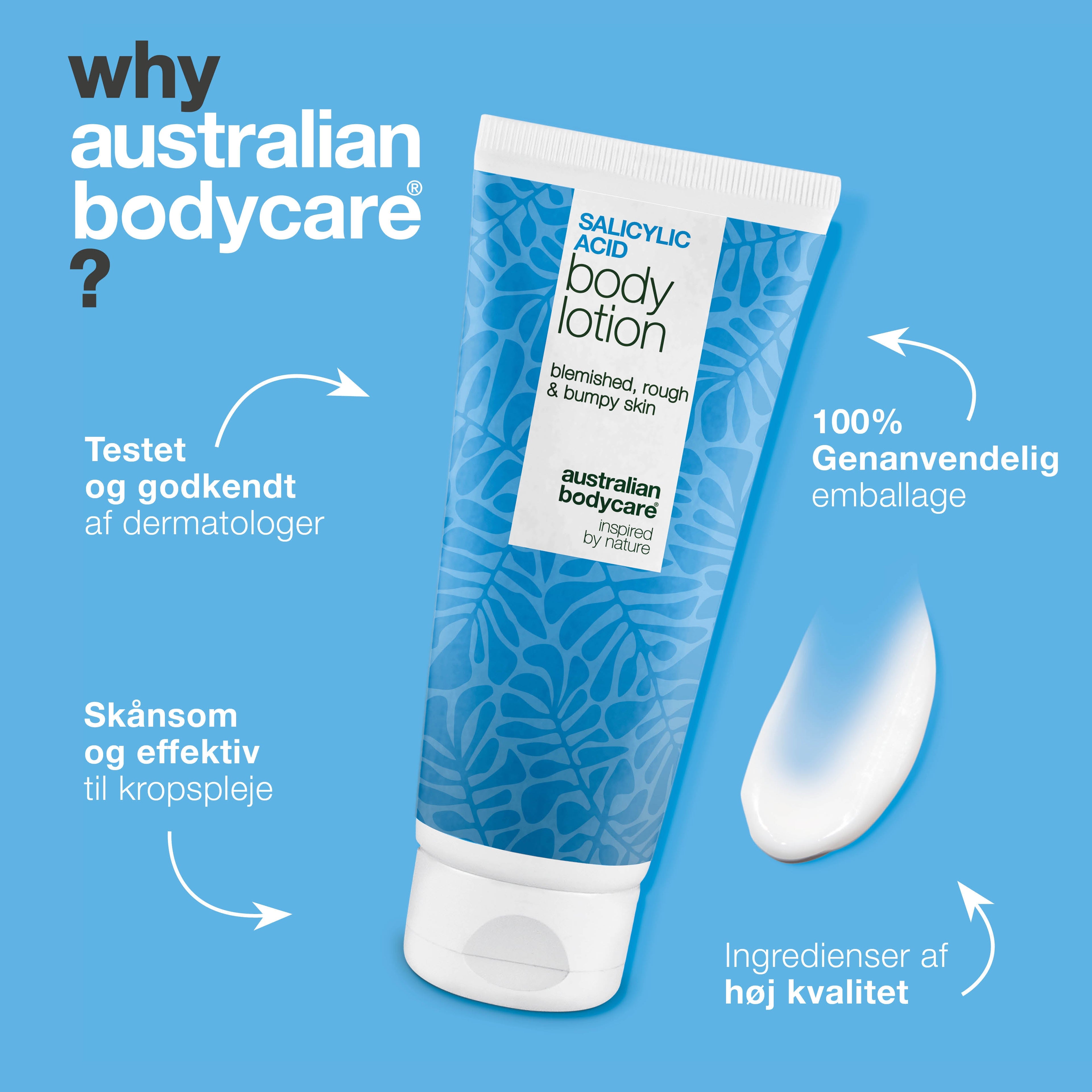Body Lotion med salicylsyre – mod bumser og tør hud — Body lotion med salicylsyre eksfolierer, fugter og reducerer bumser, uren hud og tørre områder. Perfekt til daglig hudpleje.