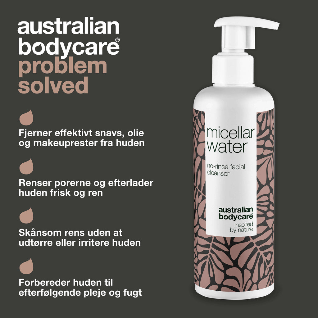 Micellar Water – Effektiv rens til uren og fedtet hud — Micellar Water fjerner makeup, snavs og overskydende olie. Perfekt til uren hud og daglig ansigtsrens.