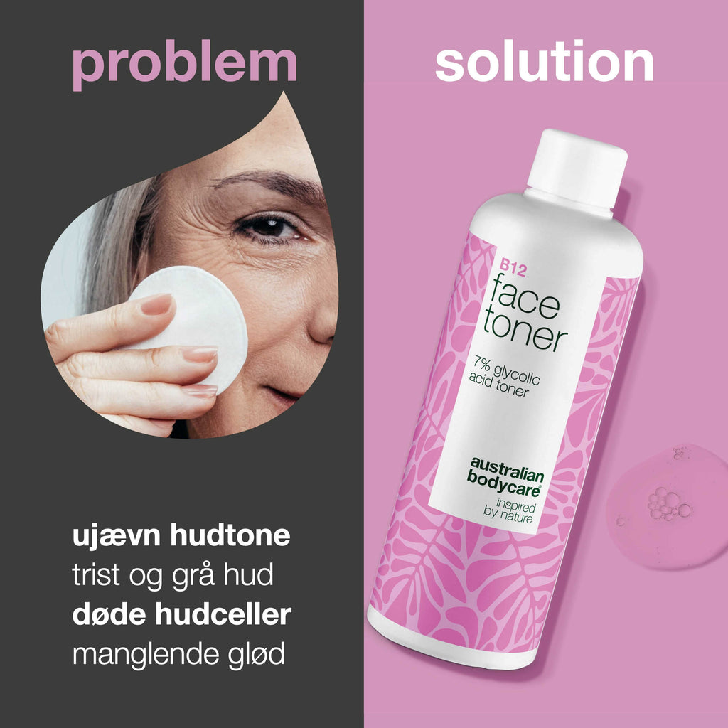 Ansigtstoner med B12 og 7% Glycolic Acid for jævn hudtone — Eksfolierende toner med B12 og 7% Glycolic Acid – fjerner døde hudceller, giver ny glød og fremmer en jævn hudtone.