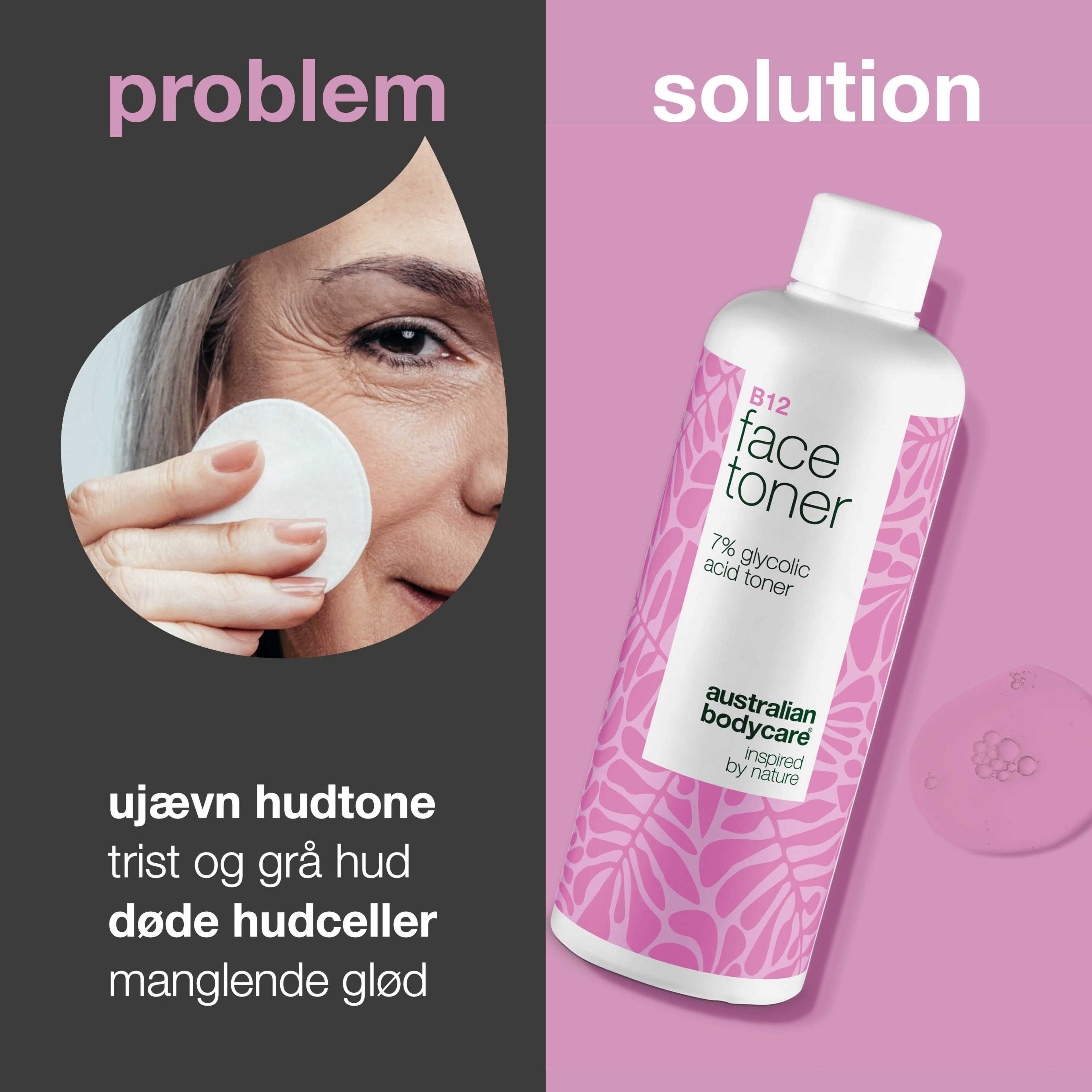 Ansigtstoner med B12 og 7% Glycolic Acid for jævn hudtone — Eksfolierende toner med B12 og 7% Glycolic Acid – fjerner døde hudceller, giver ny glød og fremmer en jævn hudtone.