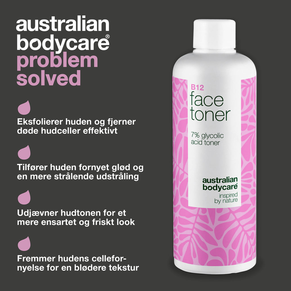 Ansigtstoner med B12 og 7% Glycolic Acid for jævn hudtone — Eksfolierende toner med B12 og 7% Glycolic Acid – fjerner døde hudceller, giver ny glød og fremmer en jævn hudtone.