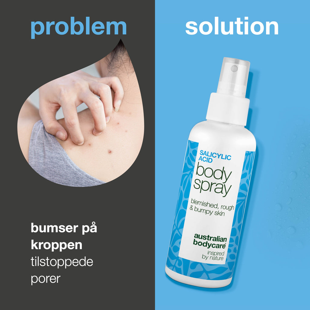 Salicylsyre spray mod bumser og uren hud på kroppen — Salicylsyre spray mod bumser og uren hud. Indeholder salicylsyre og glycolic acid, der renser porer og giver smuk hud.