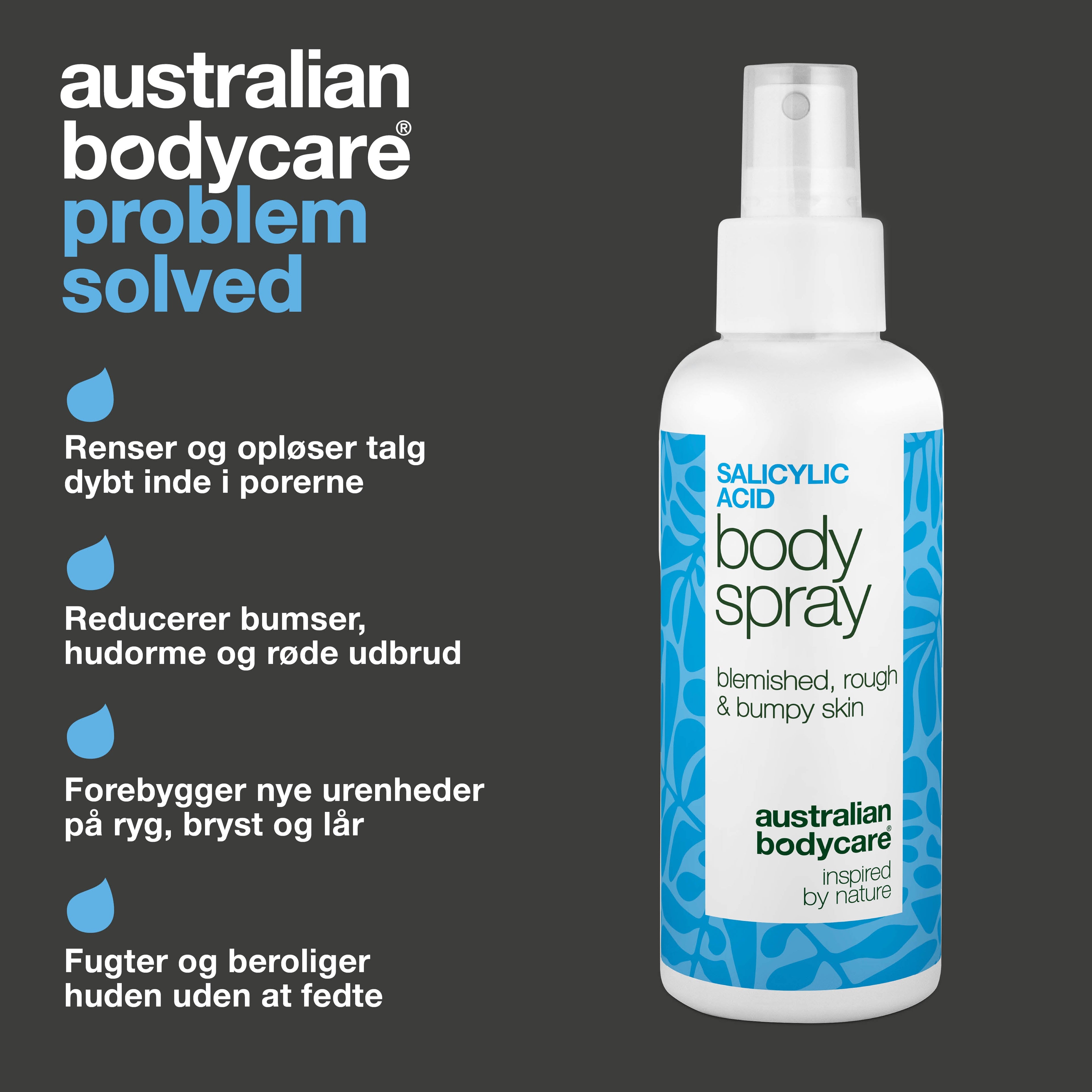 Salicylsyre spray mod bumser og uren hud på kroppen — Salicylsyre spray mod bumser og uren hud. Indeholder salicylsyre og glycolic acid, der renser porer og giver smuk hud.