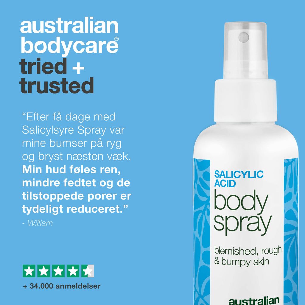 Salicylsyre spray mod bumser og uren hud på kroppen — Salicylsyre spray mod bumser og uren hud. Indeholder salicylsyre og glycolic acid, der renser porer og giver smuk hud.