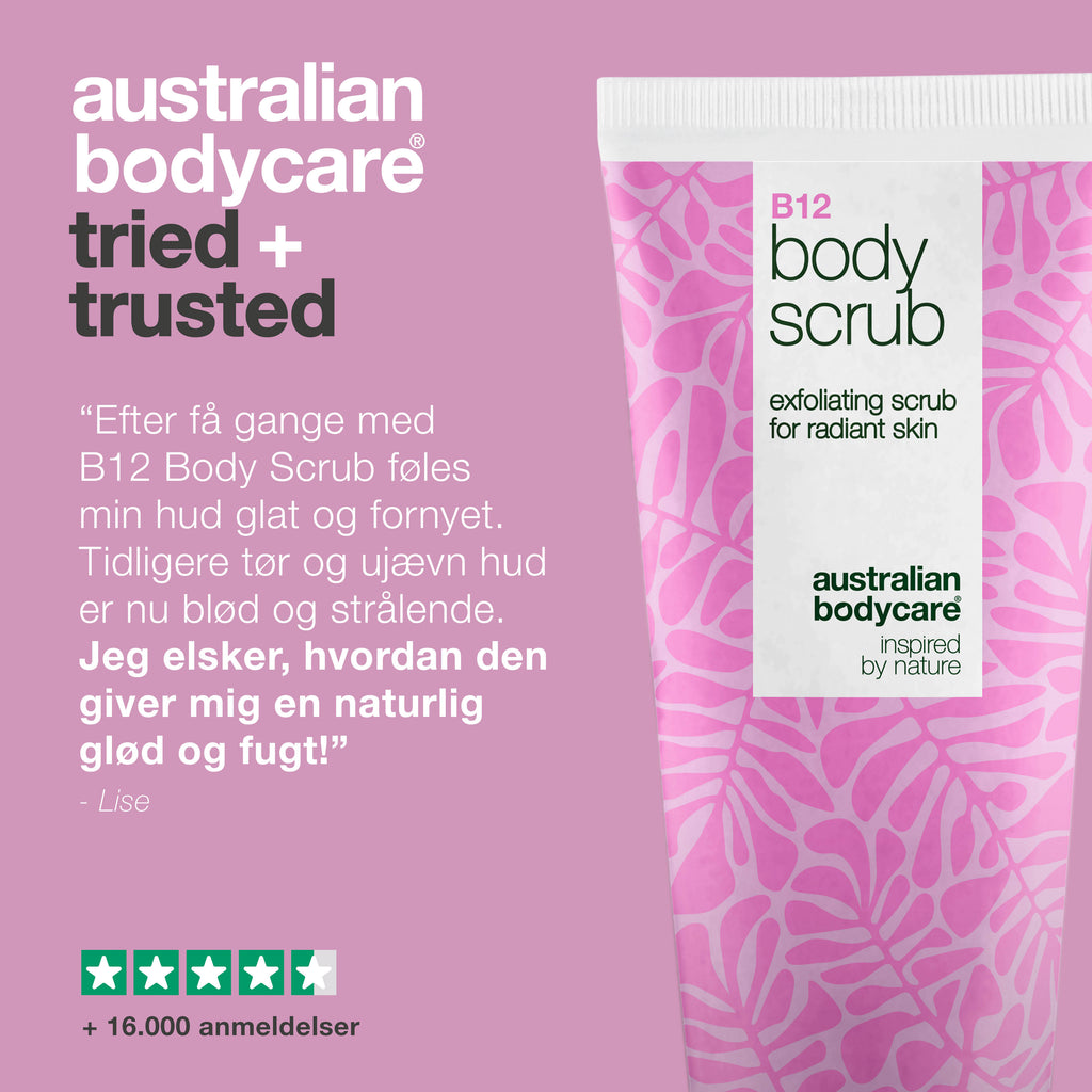 B12 Body Scrub – Eksfoliér og fugt for en blød, strålende hud — Få en fornyet hud med B12 Body Scrub. Eksfolierer og fugter, så huden efterlades blød, glat og strålende.