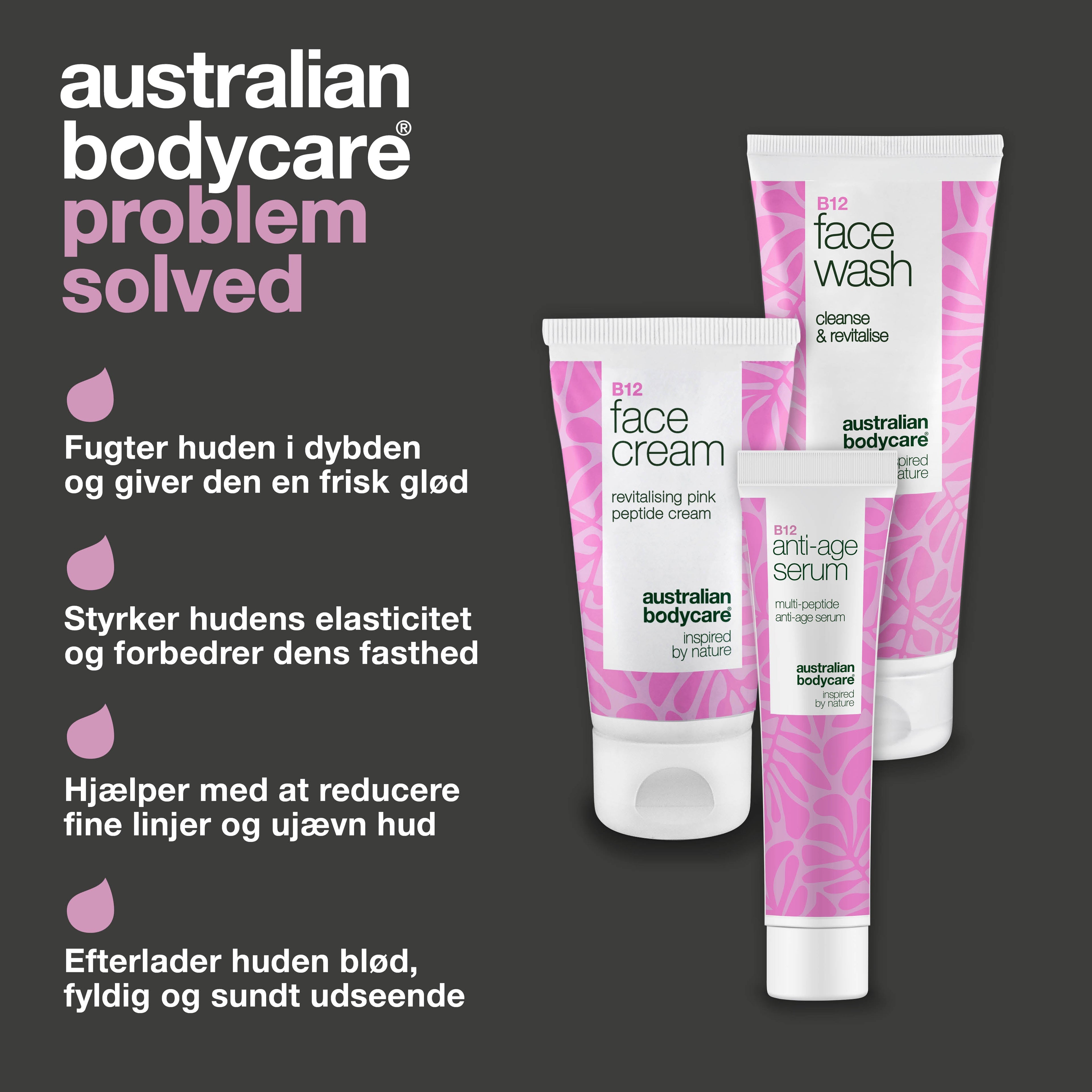 Ansigtsrens, Serum og Creme med B12 til Moden Hud — Effektiv hudpleje til moden hud med B12. Rens, serum og creme for fasthed og strålende hud.