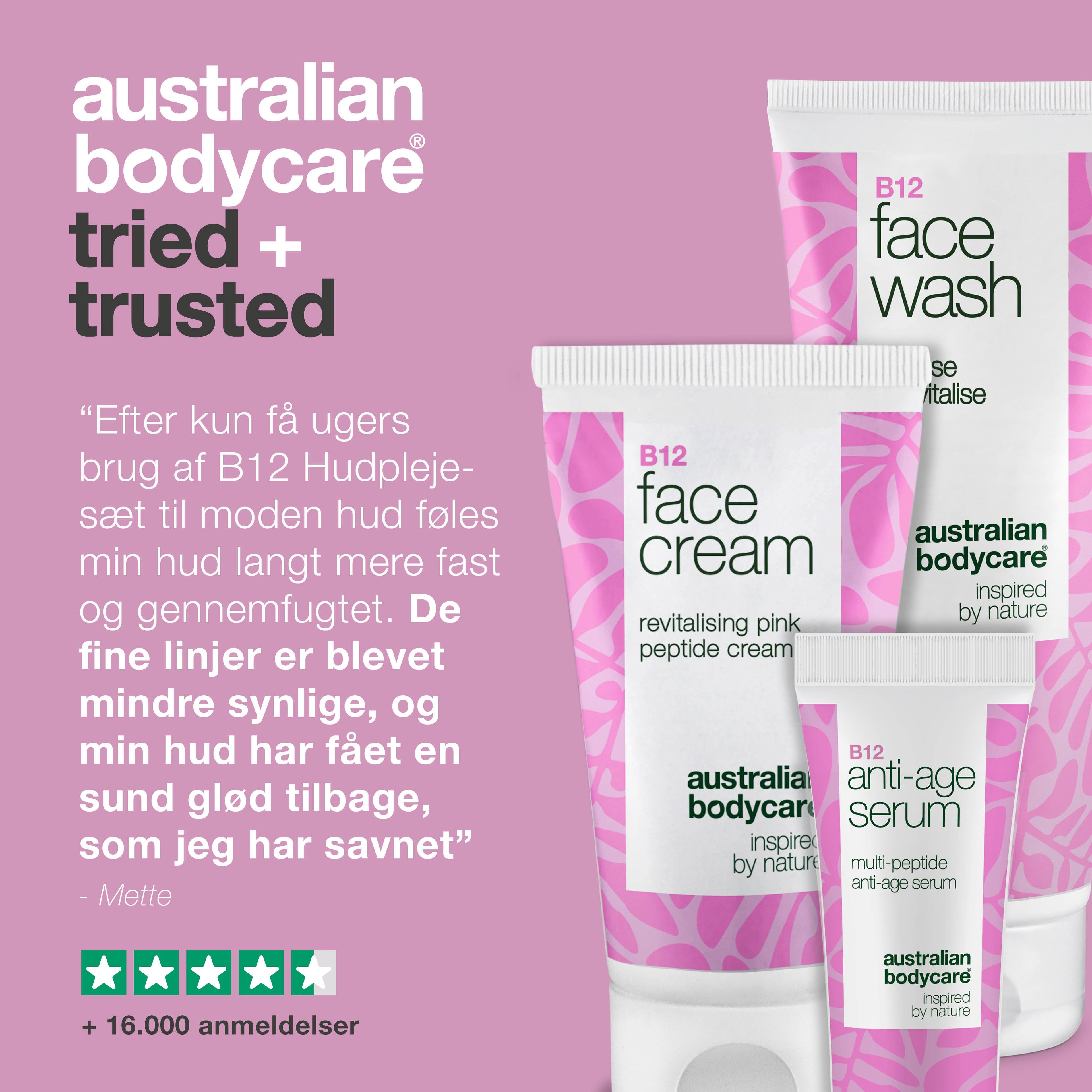 Ansigtsrens, Serum og Creme med B12 til Moden Hud — Effektiv hudpleje til moden hud med B12. Rens, serum og creme for fasthed og strålende hud.