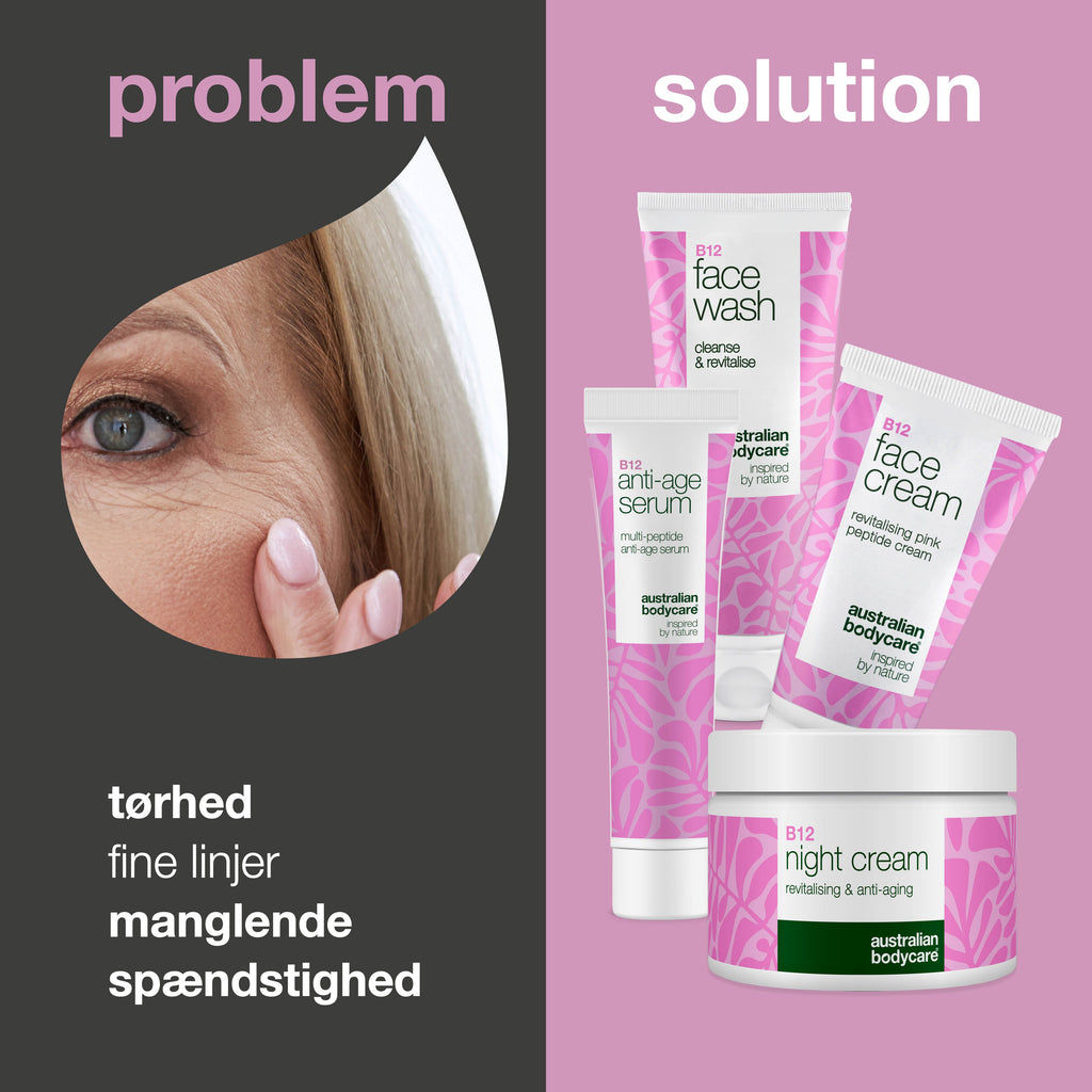 Anti-Age B12 Sæt til Ældre Hud – Fugtgivende og Opstrammende — Hudplejesæt med B12 til ældre hud. Fugter, opstrammer og giver huden en glattere overflade.