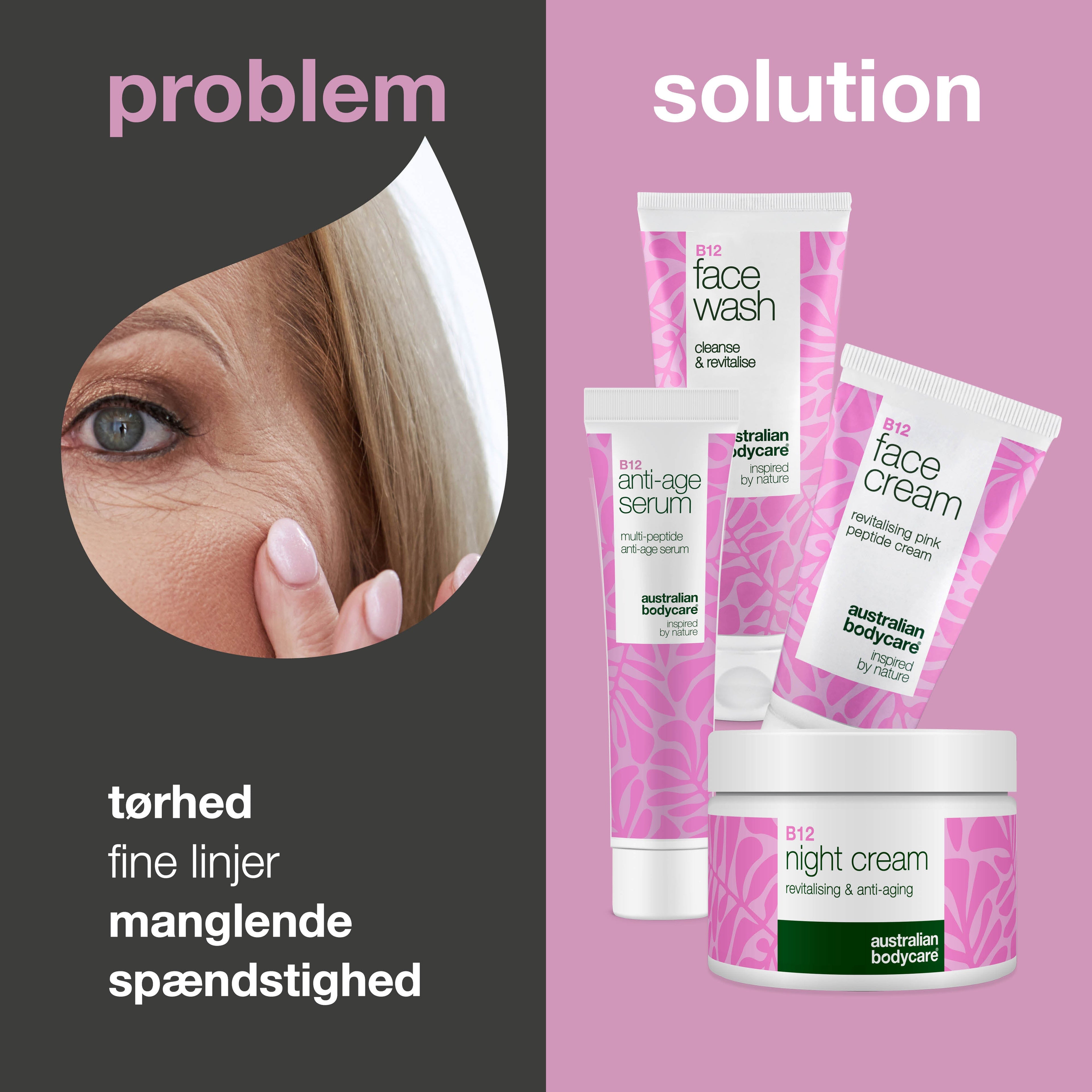 Anti-Age B12 Sæt til Ældre Hud – Fugtgivende og Opstrammende — Hudplejesæt med B12 til ældre hud. Fugter, opstrammer og giver huden en glattere overflade.