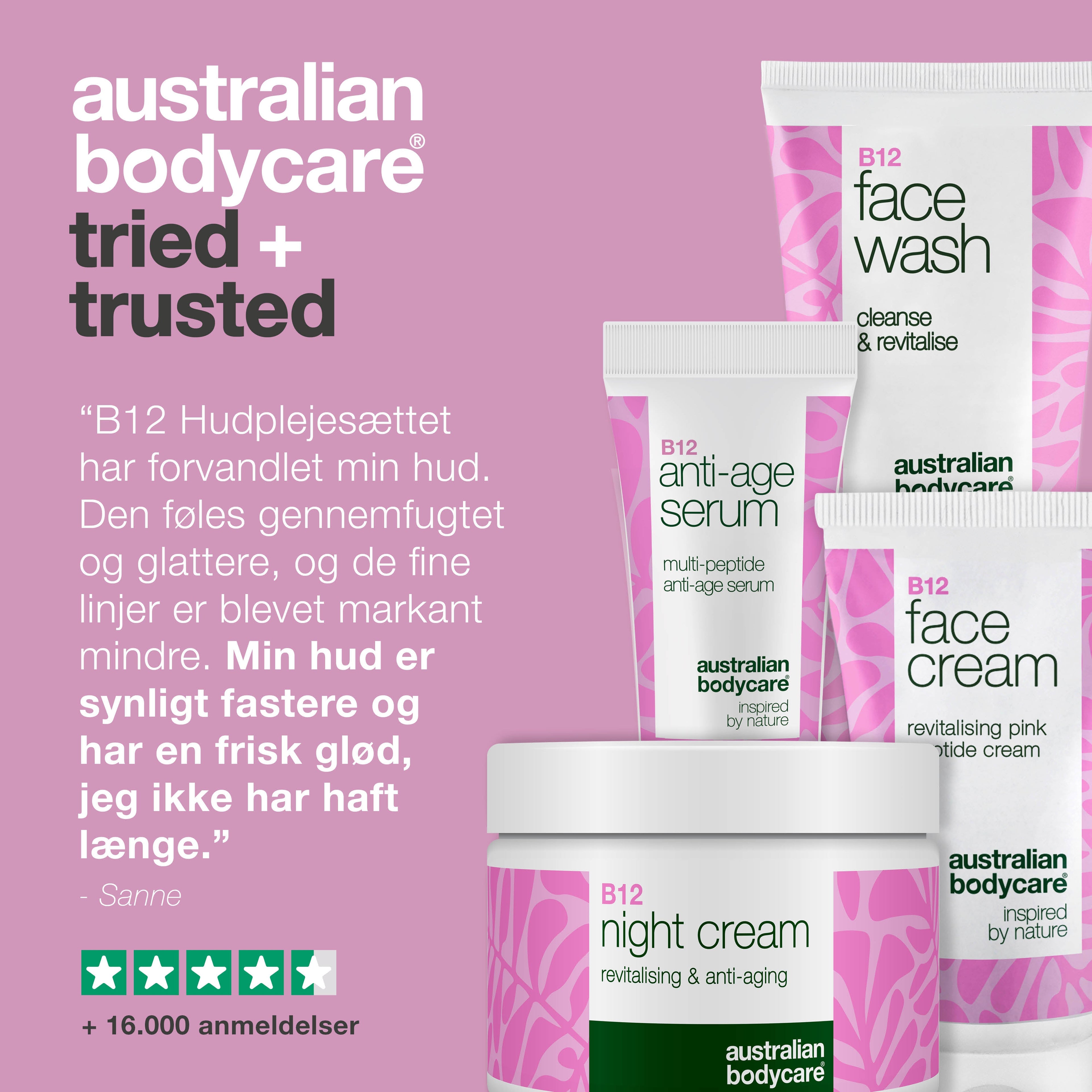 Anti-Age B12 Sæt til Ældre Hud – Fugtgivende og Opstrammende — Hudplejesæt med B12 til ældre hud. Fugter, opstrammer og giver huden en glattere overflade.