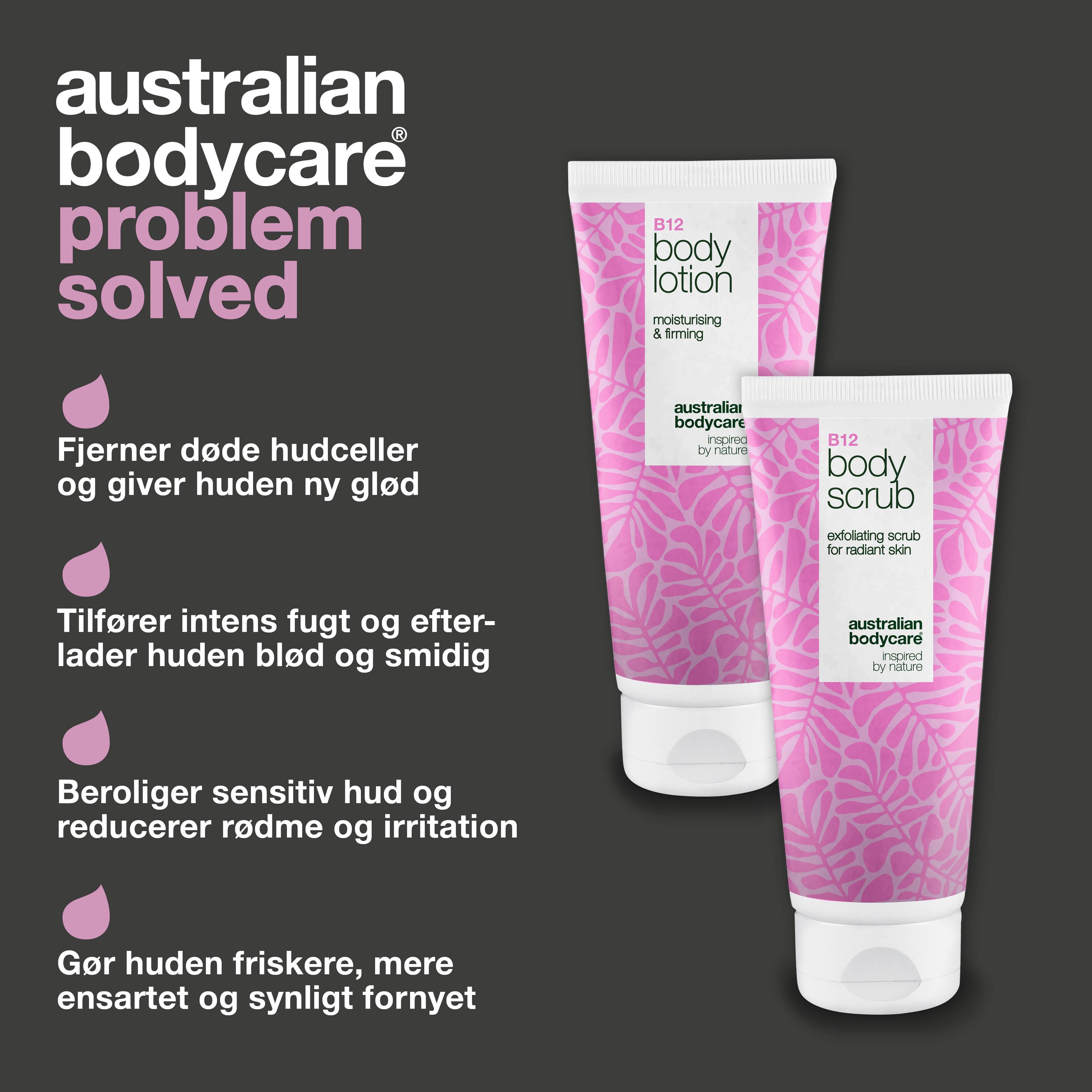 B12 hudplejesæt til tør hud – Eksfoliering & dybdevirkende fugtpleje — Fugtgivende B12 Body Scrub & Lotion til tør og sensitiv hud.