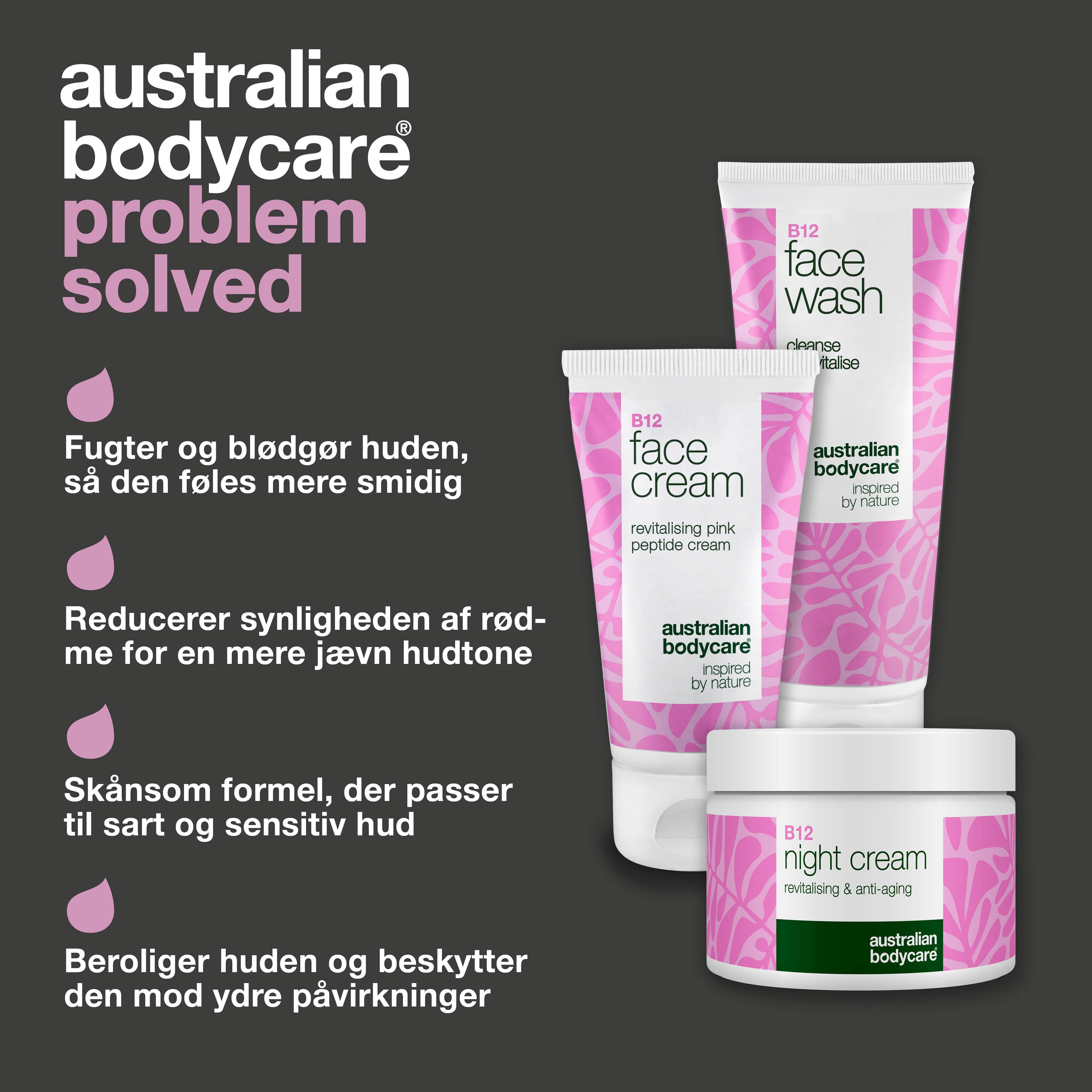 B12 Hudplejesæt mod rødme – Ansigtsrens, dag- og natcreme — B12 hudpleje til rødme og tendens til rosacea. Rens, dagcreme og natcreme der beroliger og fugter.