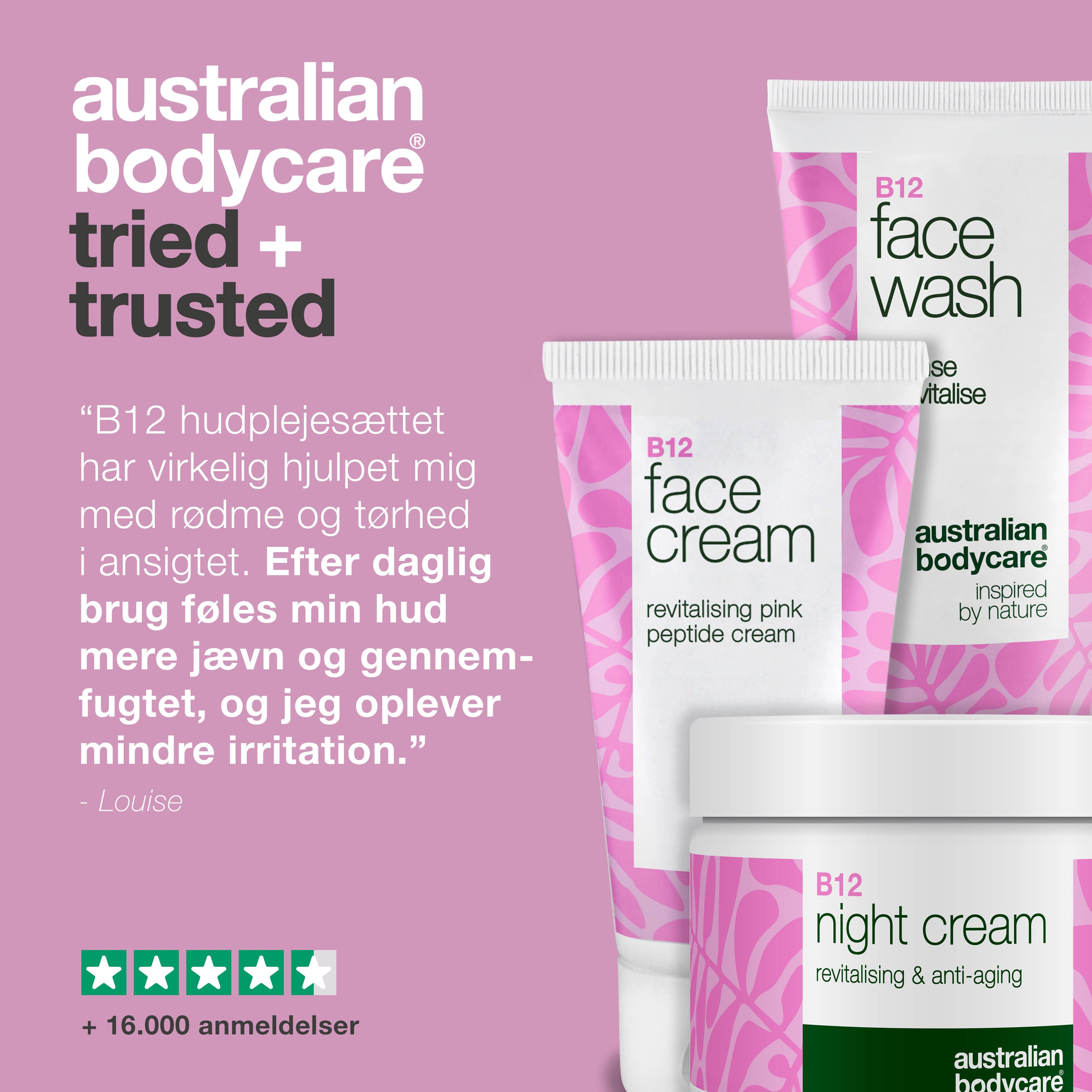 B12 Hudplejesæt mod rødme – Ansigtsrens, dag- og natcreme — B12 hudpleje til rødme og tendens til rosacea. Rens, dagcreme og natcreme der beroliger og fugter.