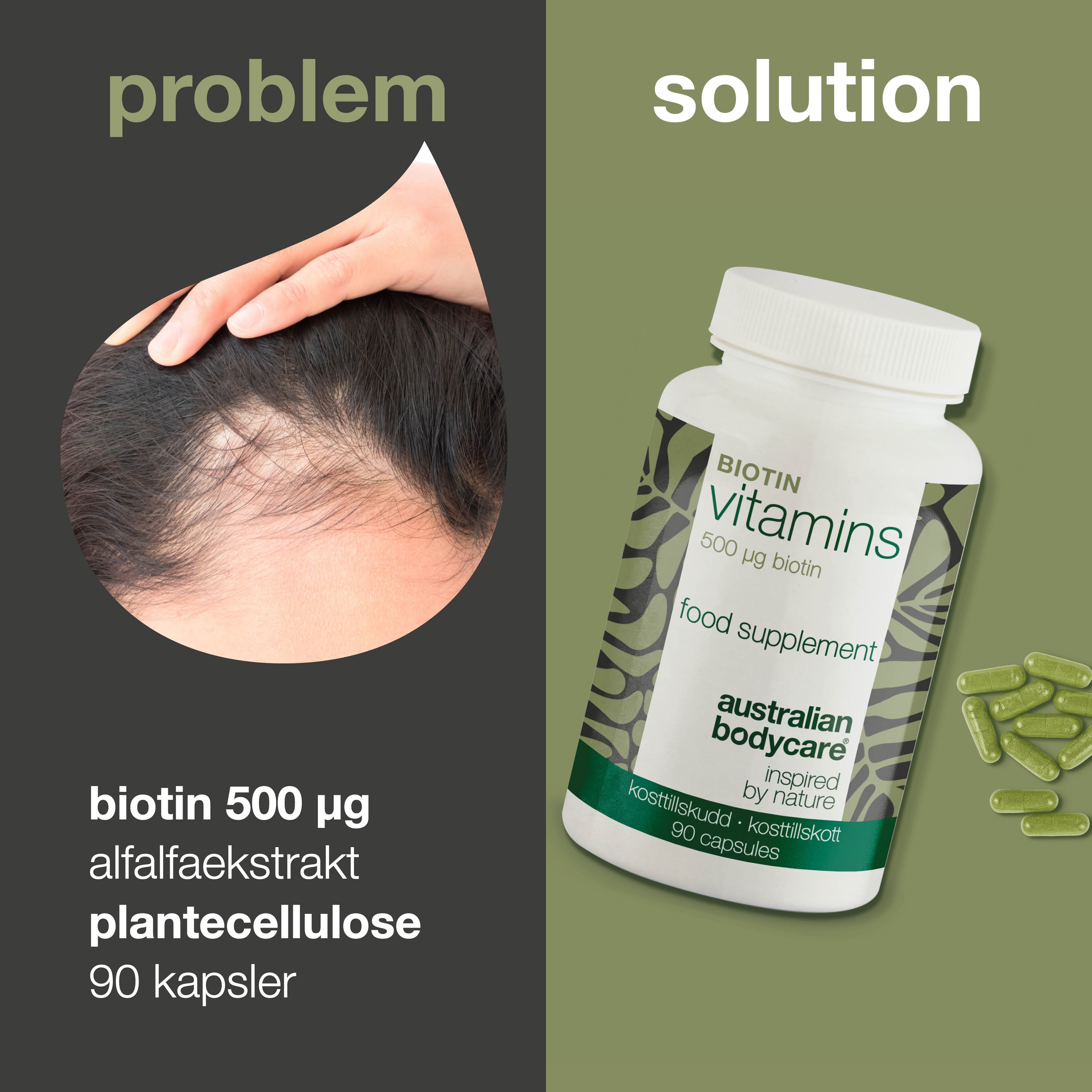 Biotin 500 µg – kosttilskud med vitamin B7 – 90 stk. — Biotin 500 µg med vitamin B7 – 90 tabletter til hud, hår og slimhinder. Indeholder biotin, Medicago sativa og vegetabilsk cellulose.