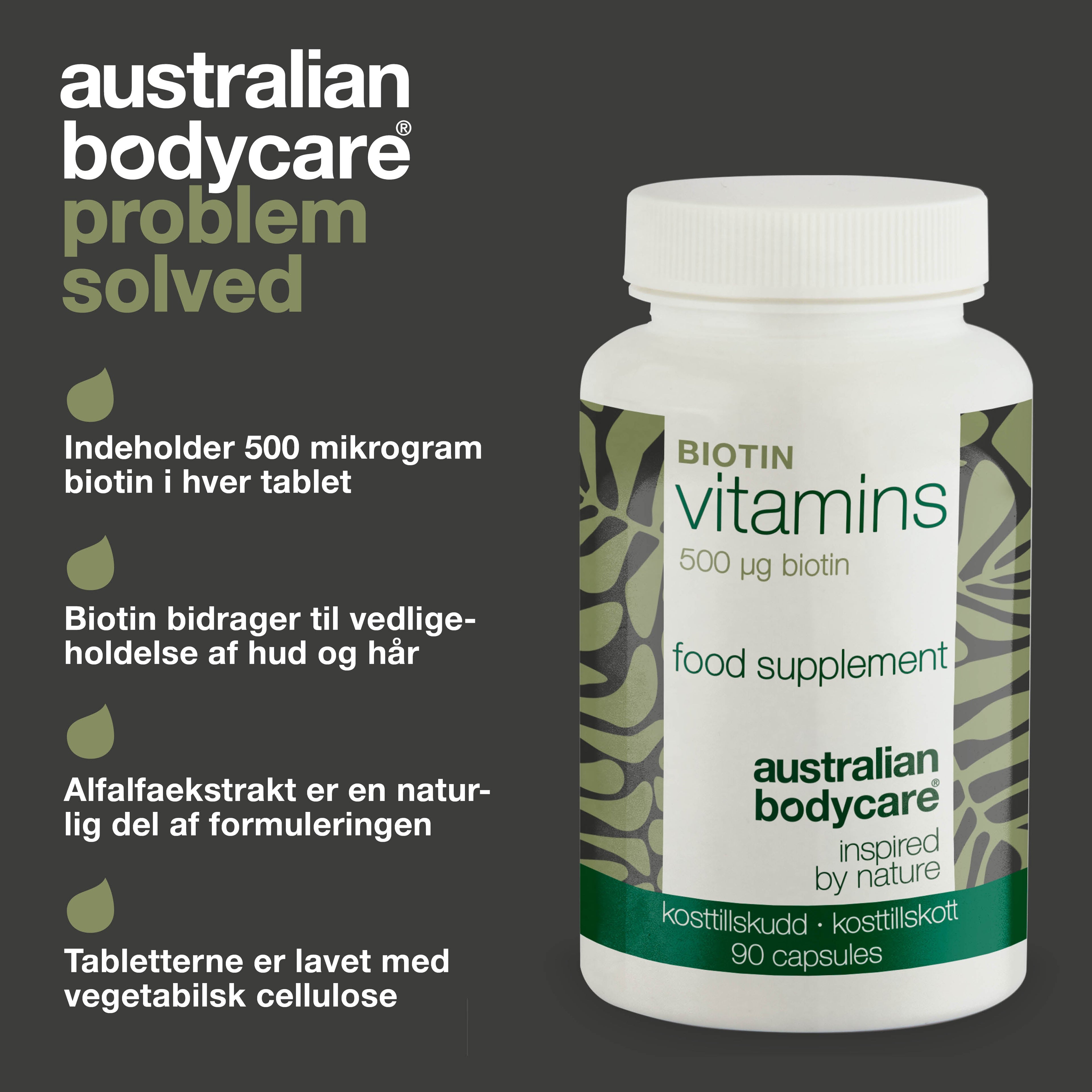 Biotin 500 µg – kosttilskud med vitamin B7 – 90 stk. — Biotin 500 µg med vitamin B7 – 90 tabletter til hud, hår og slimhinder. Indeholder biotin, Medicago sativa og vegetabilsk cellulose.