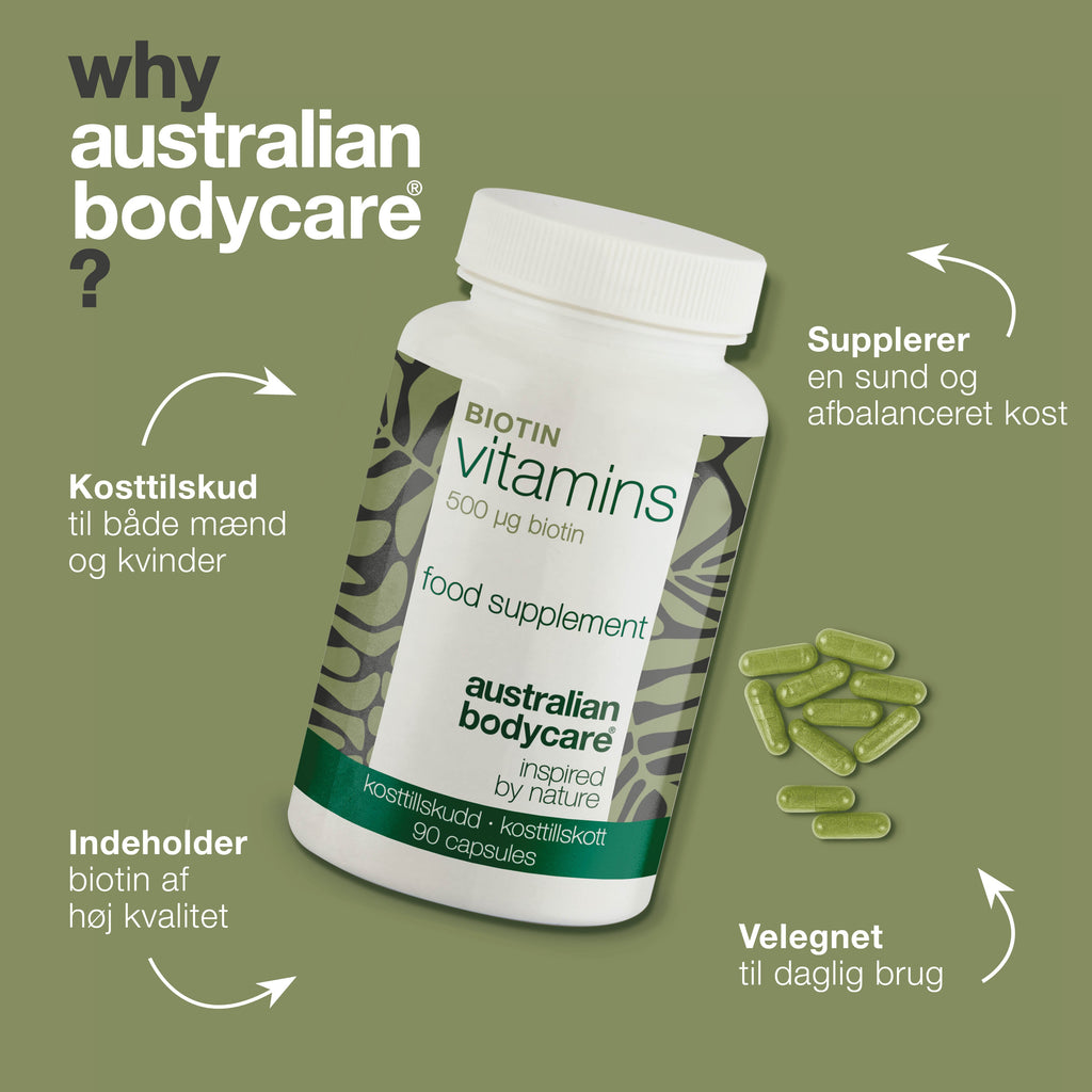 Biotin 500 µg – kosttilskud med vitamin B7 – 90 stk. — Biotin 500 µg med vitamin B7 – 90 tabletter til hud, hår og slimhinder. Indeholder biotin, Medicago sativa og vegetabilsk cellulose.