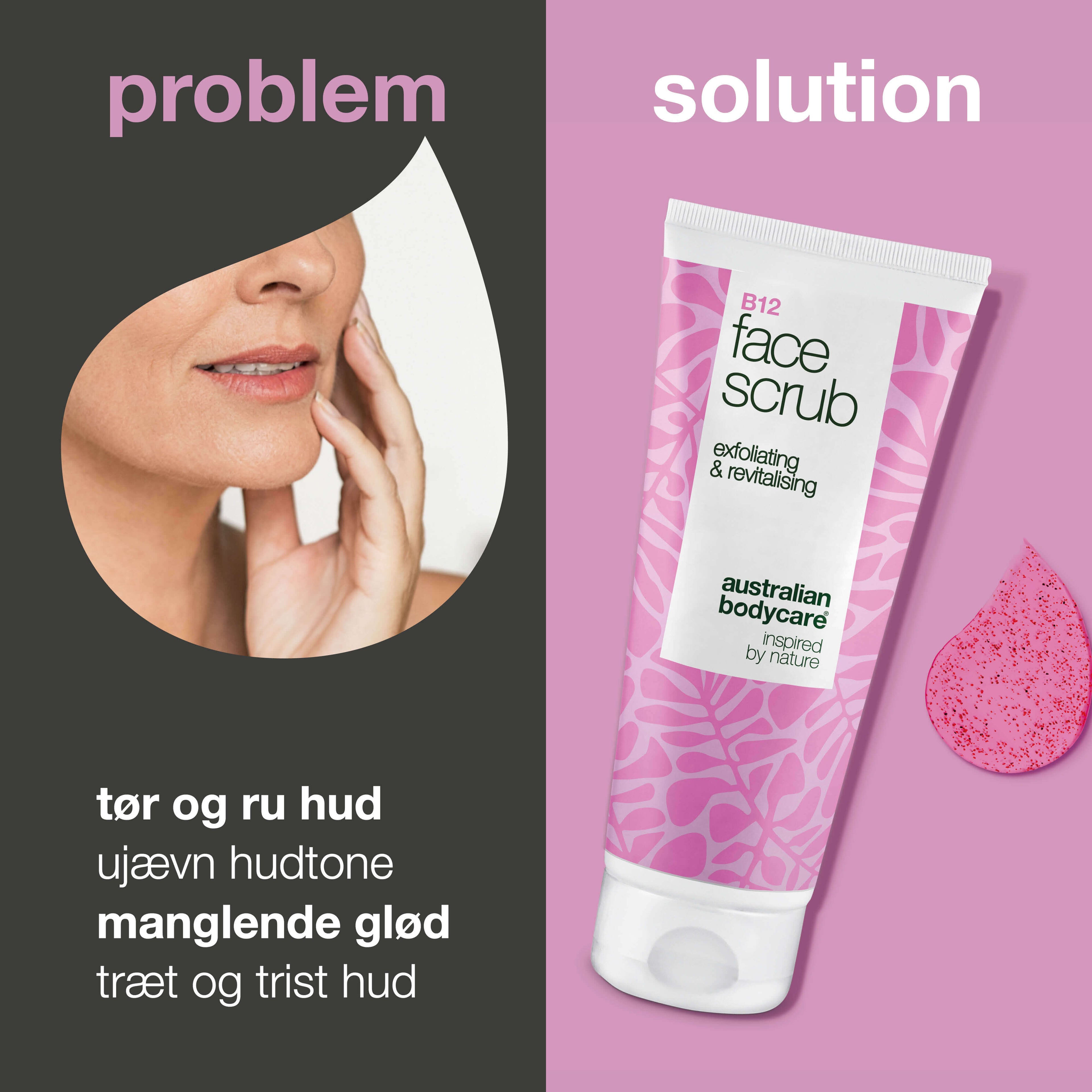 Face Scrub til mat hud – fjerner døde hudceller med B12 — Face Scrub til mat hud der mangler glød. Indeholder B12 vitamin, glykolsyre og abrikoskerner som eksfolierer og fornyer huden.