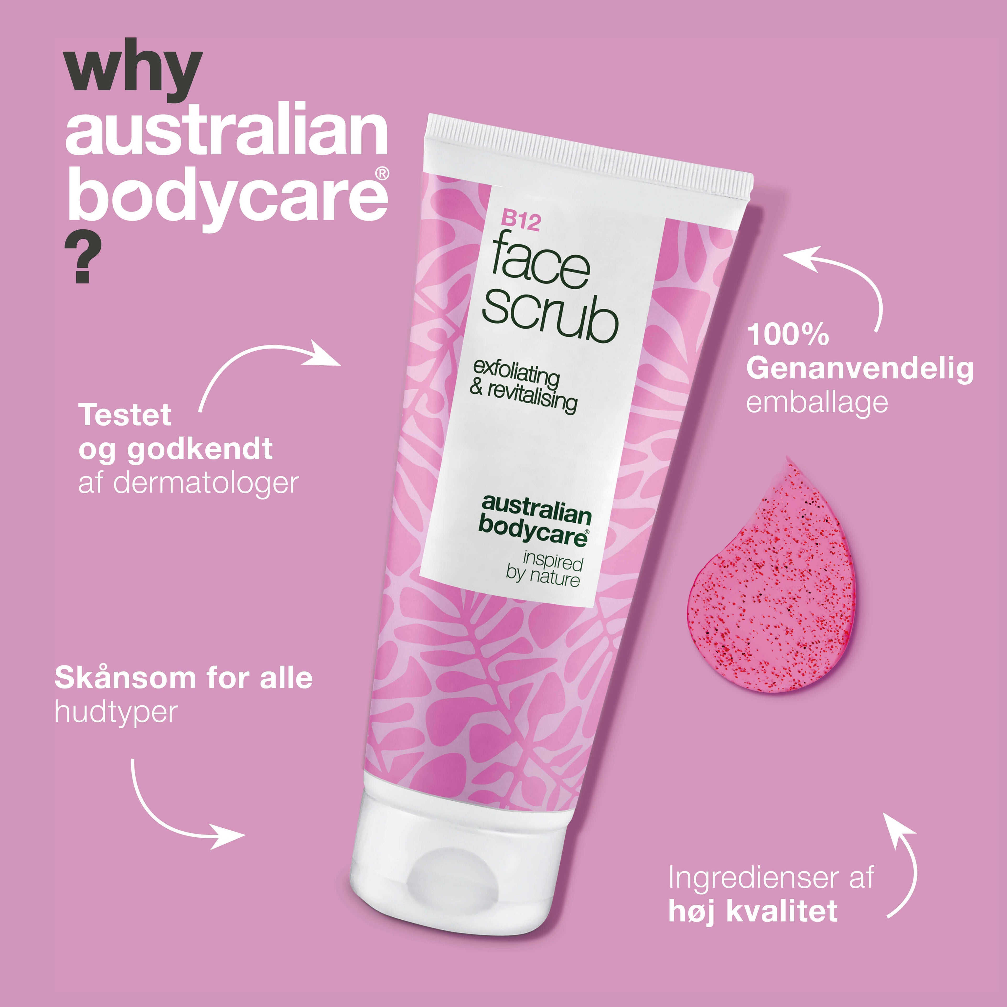 Face Scrub til mat hud – fjerner døde hudceller med B12 — Face Scrub til mat hud der mangler glød. Indeholder B12 vitamin, glykolsyre og abrikoskerner som eksfolierer og fornyer huden.