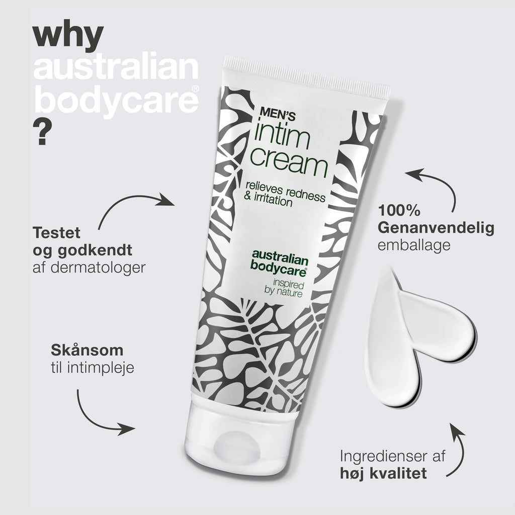 Mænds Intimcreme – lindrer kløe og friktion i skridtet — Mænds Intimcreme mod rødme og irritation i skridtet. Indeholder sheasmør, bivoks og zink for optimal beskyttelse og pleje.