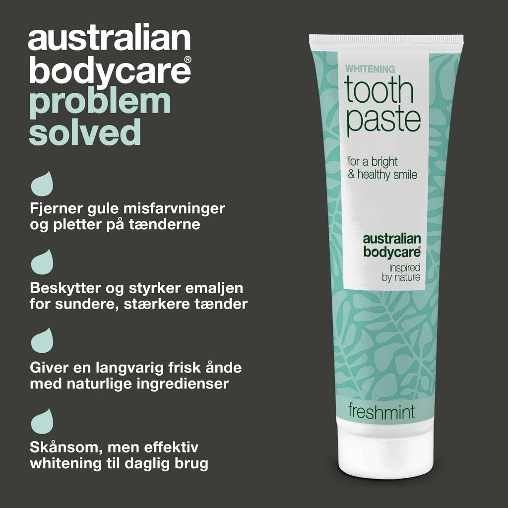 Whitening tandpasta – Fjerner misfarvninger og giver hvide tænder — Whitening tandpasta, der bekæmper gule tænder og styrker emaljen. Med hydreret silica, alumina og menthol for frisk ånde.