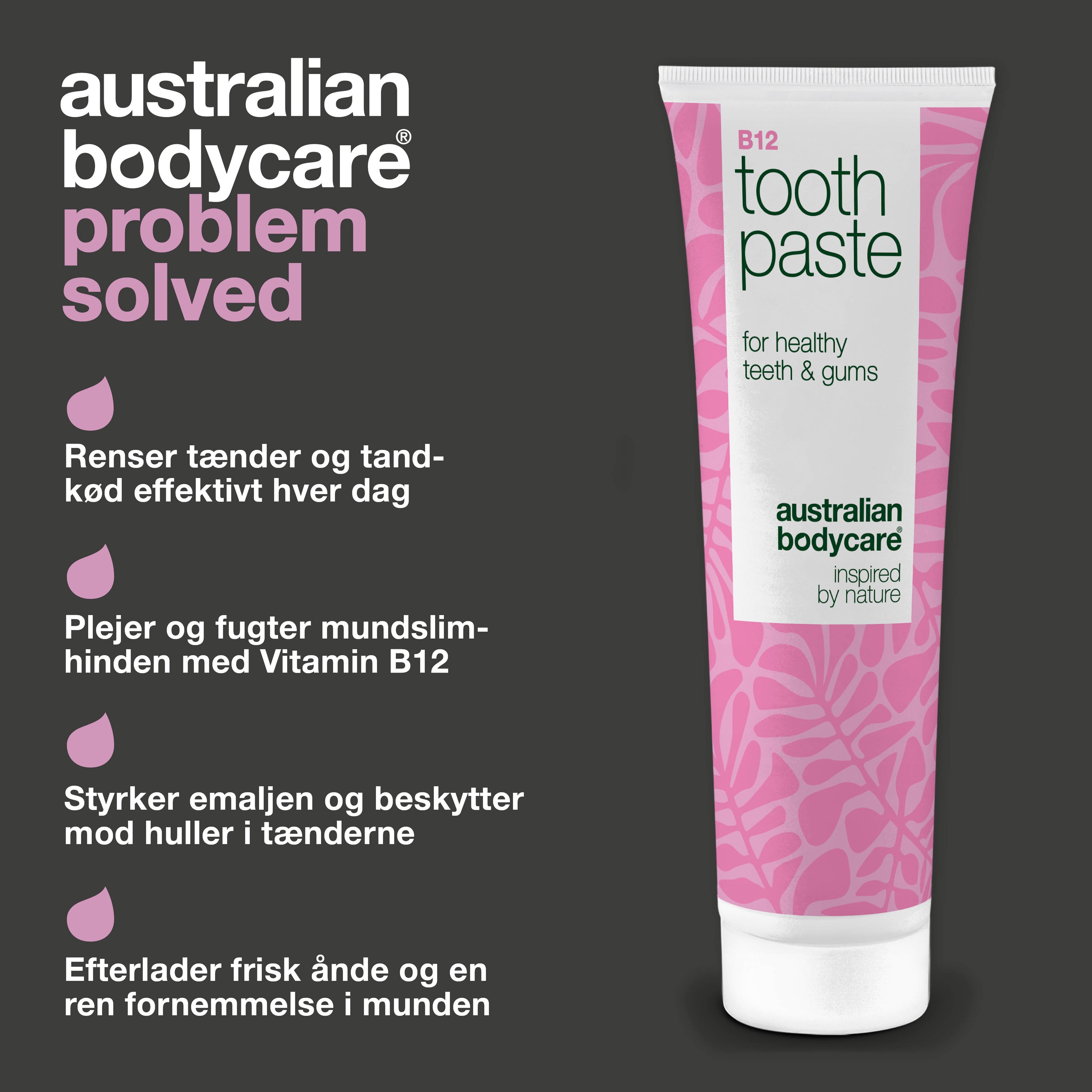 Vitamin B12 Tandpasta – mod tør mund og irritation — Vitamin B12 Tandpasta giver frisk ånde og sunde tænder. Styrker emaljen og plejer tandkødet med B12, fluorid og zink.