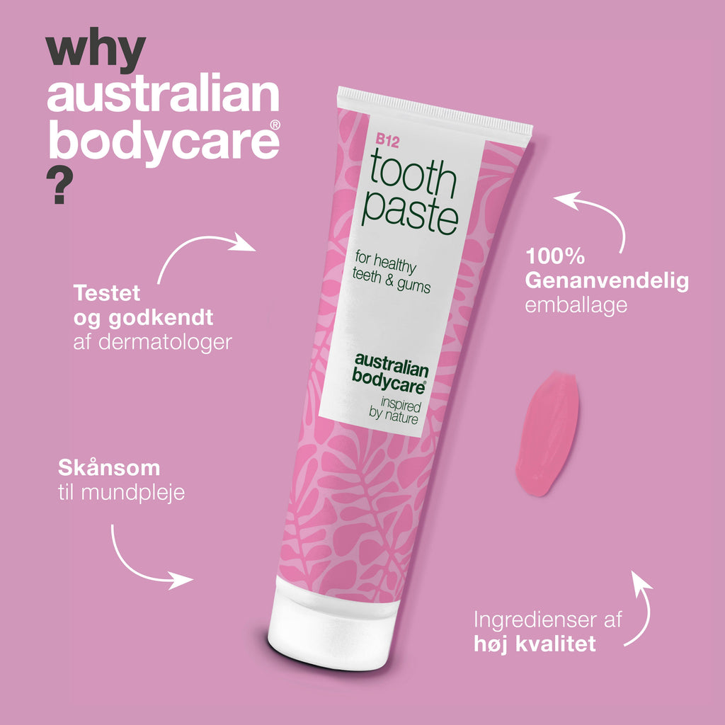 Vitamin B12 Tandpasta – mod tør mund og irritation — Vitamin B12 Tandpasta giver frisk ånde og sunde tænder. Styrker emaljen og plejer tandkødet med B12, fluorid og zink.