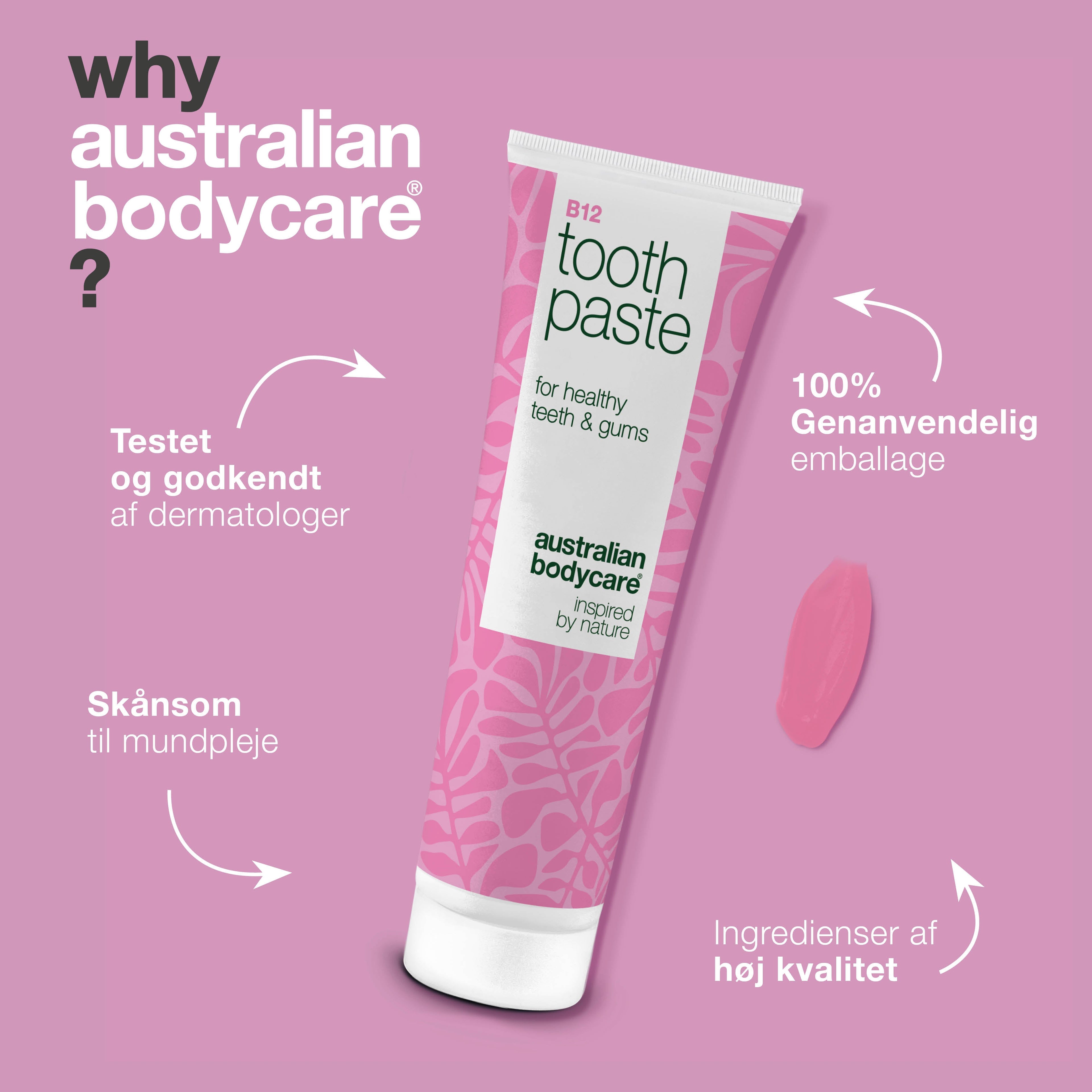 Vitamin B12 Tandpasta – mod tør mund og irritation — Vitamin B12 Tandpasta giver frisk ånde og sunde tænder. Styrker emaljen og plejer tandkødet med B12, fluorid og zink.