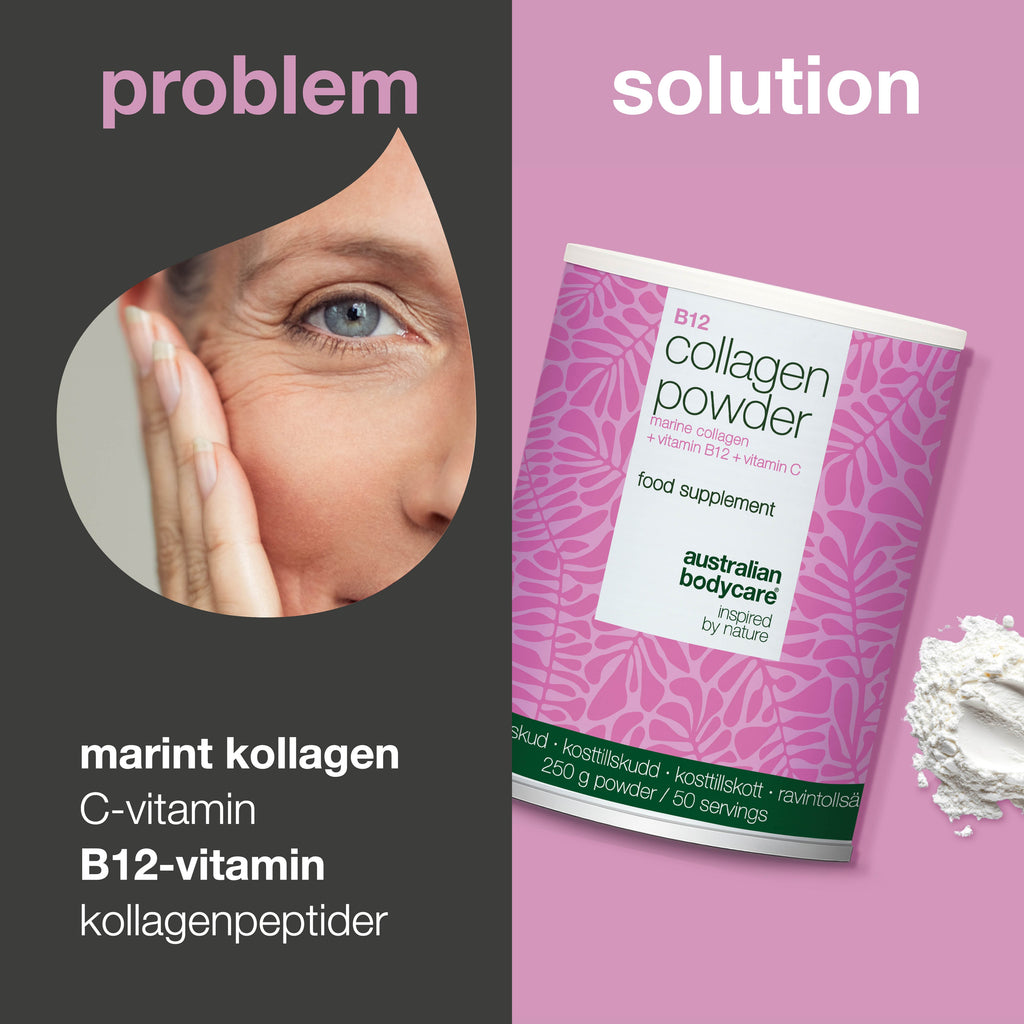 Kollagenpulver med B12 og C-vitamin – 250 g marinekollagen — Kollagenpulver til daglig brug i mad og drikke. Indeholder marint kollagen, C-vitamin og B12-vitamin.