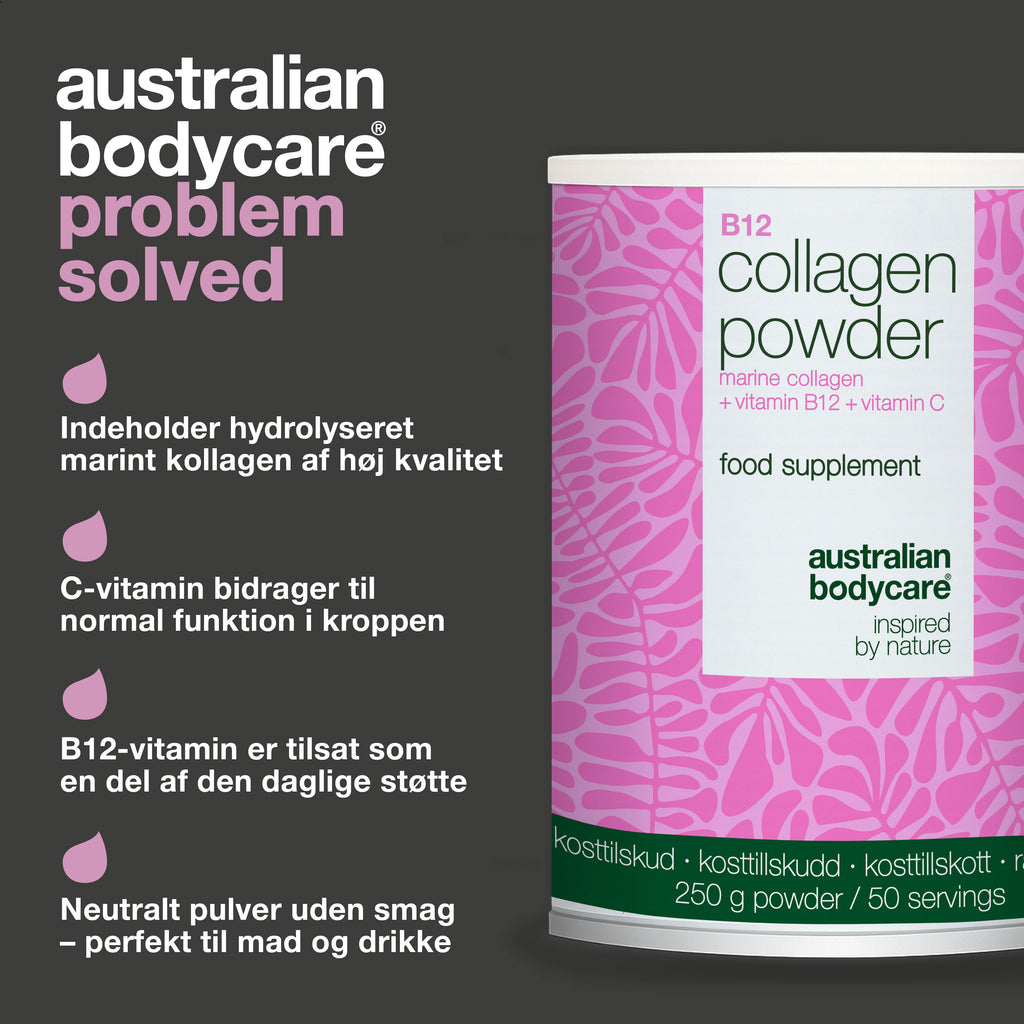 Kollagenpulver med B12 og C-vitamin – 250 g marinekollagen — Kollagenpulver til daglig brug i mad og drikke. Indeholder marint kollagen, C-vitamin og B12-vitamin.