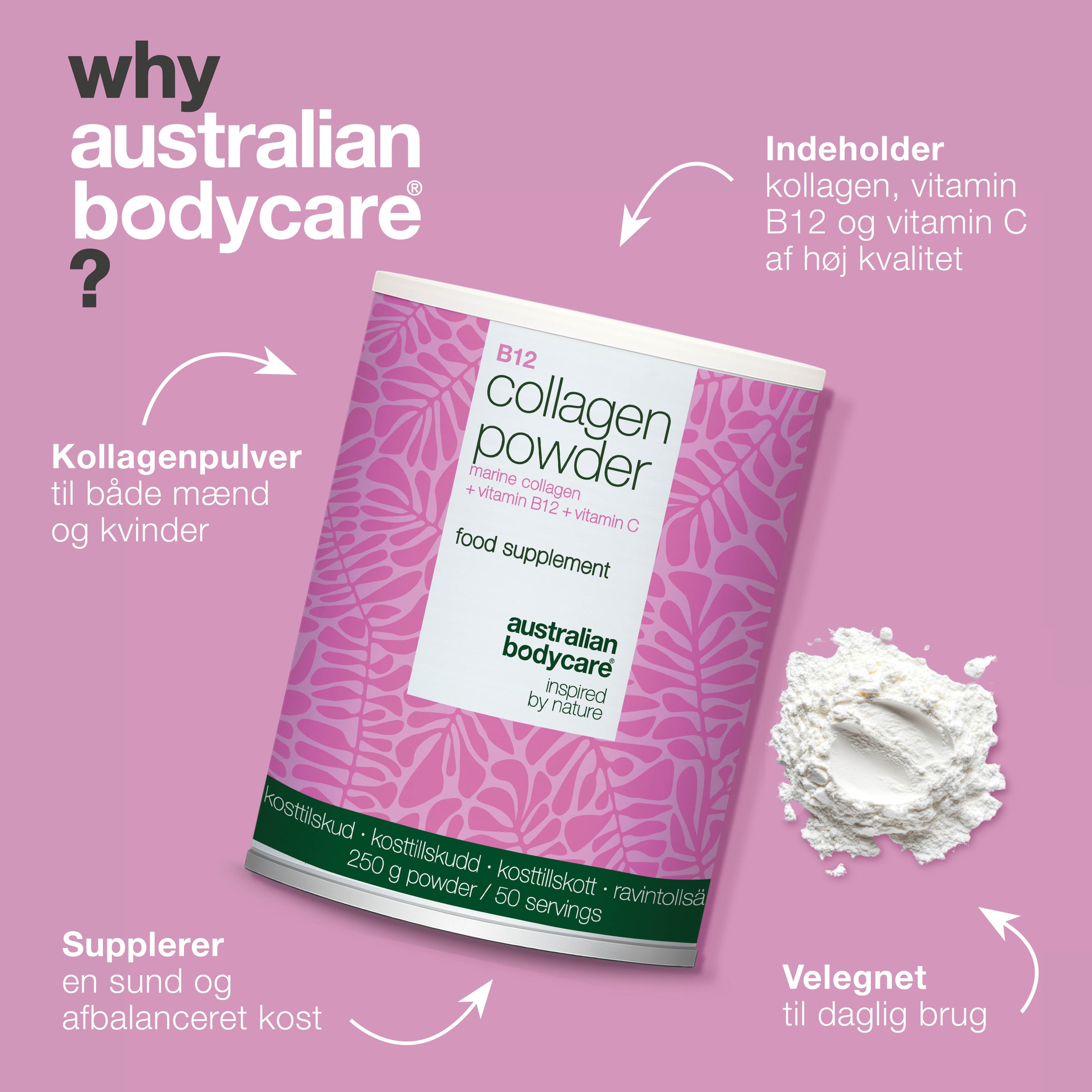 Kollagenpulver med B12 og C-vitamin – 250 g marinekollagen — Kollagenpulver til daglig brug i mad og drikke. Indeholder marint kollagen, C-vitamin og B12-vitamin.