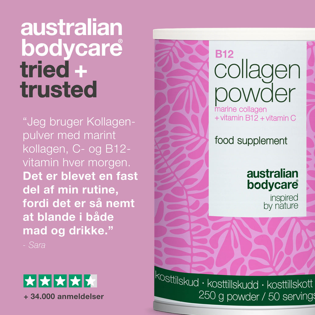 Kollagenpulver med B12 og C-vitamin – 250 g marinekollagen — Kollagenpulver til daglig brug i mad og drikke. Indeholder marint kollagen, C-vitamin og B12-vitamin.