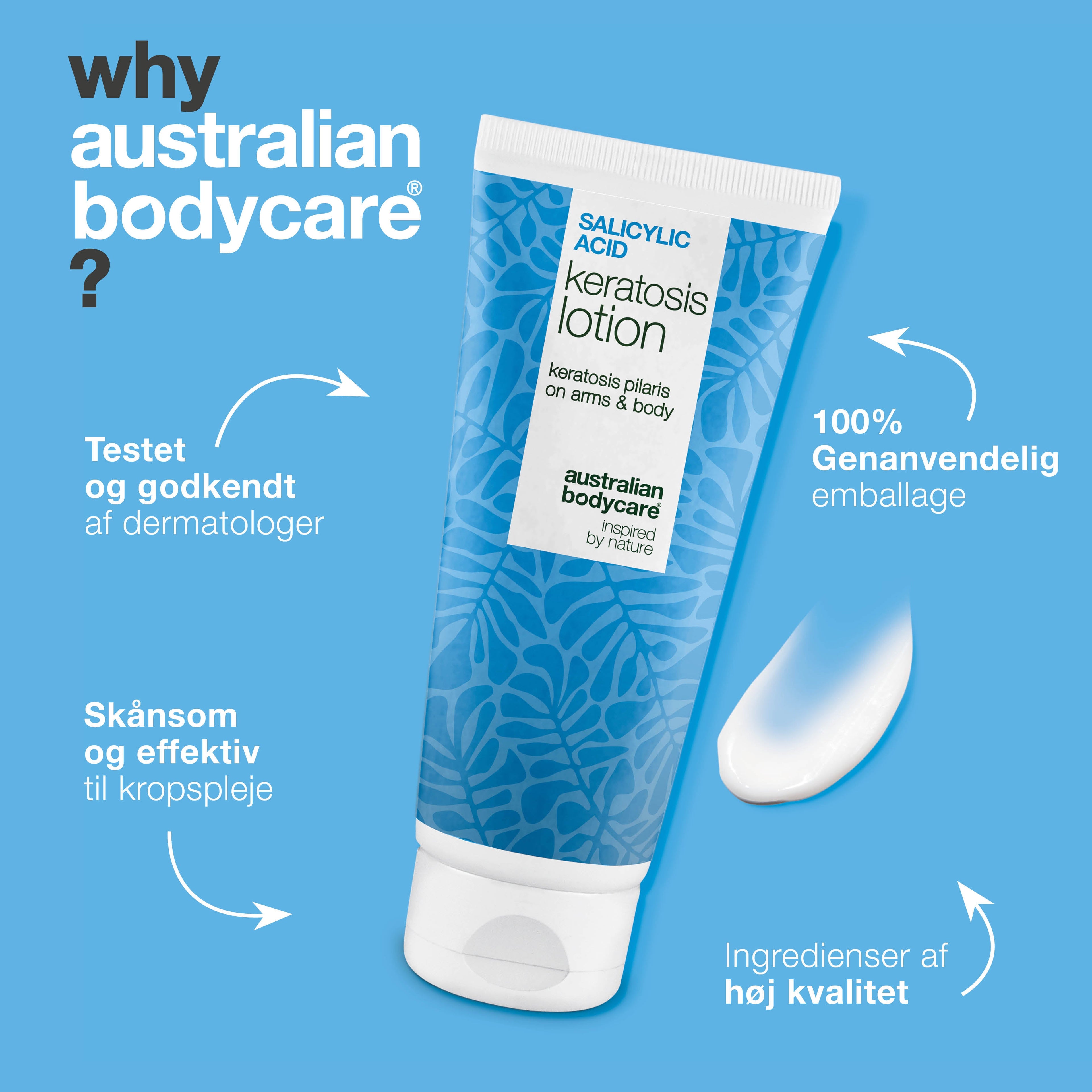 Body lotion mod keratosis pilaris og ru hud med små knopper — Body lotion mod keratosis pilaris og tør hud. Udglatter med salicylsyre, niacinamid og zink.