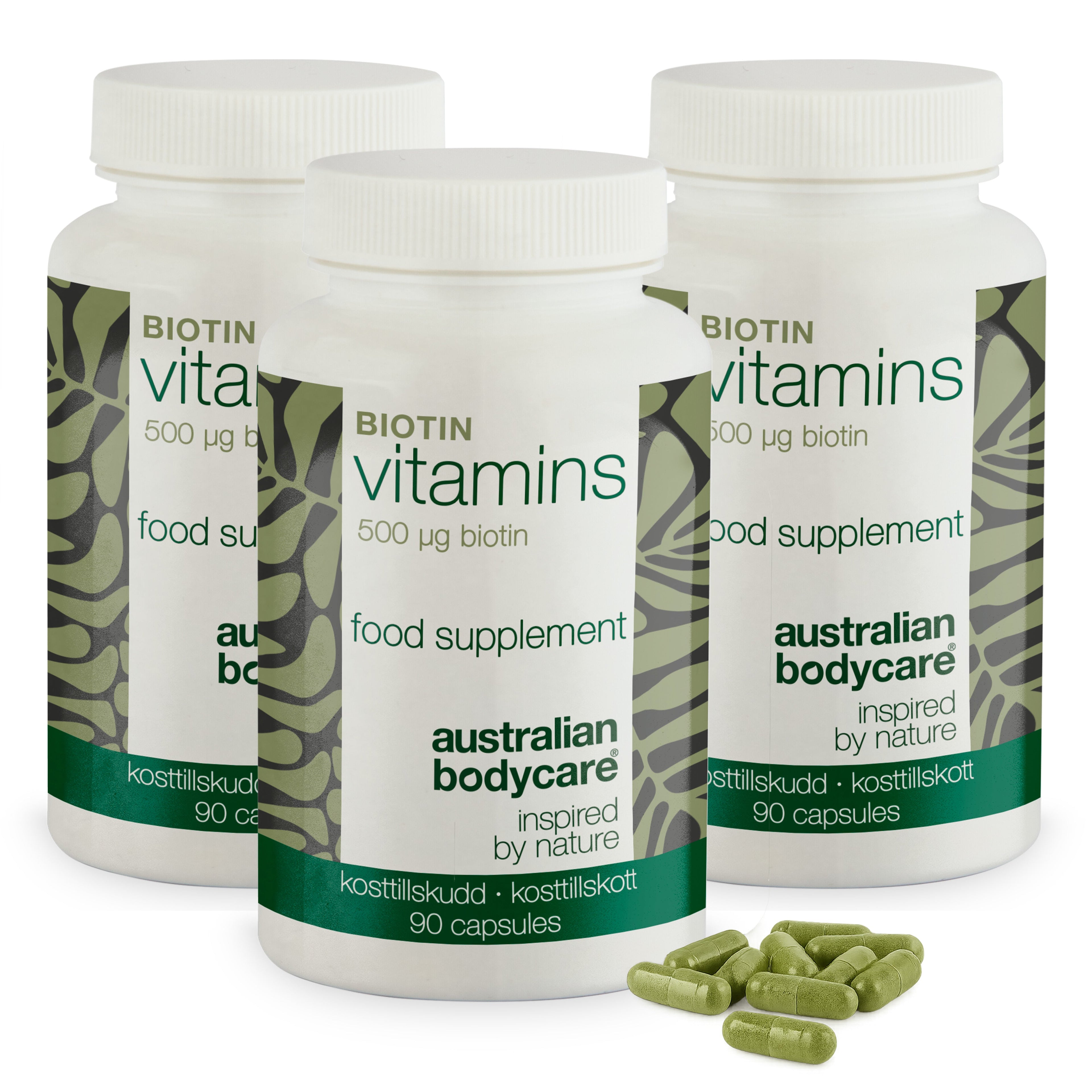 Biotin 500 µg – kosttilskud med vitamin B7 – 90 stk. — Biotin 500 µg med vitamin B7 – 90 tabletter til hud, hår og slimhinder. Indeholder biotin, Medicago sativa og vegetabilsk cellulose.