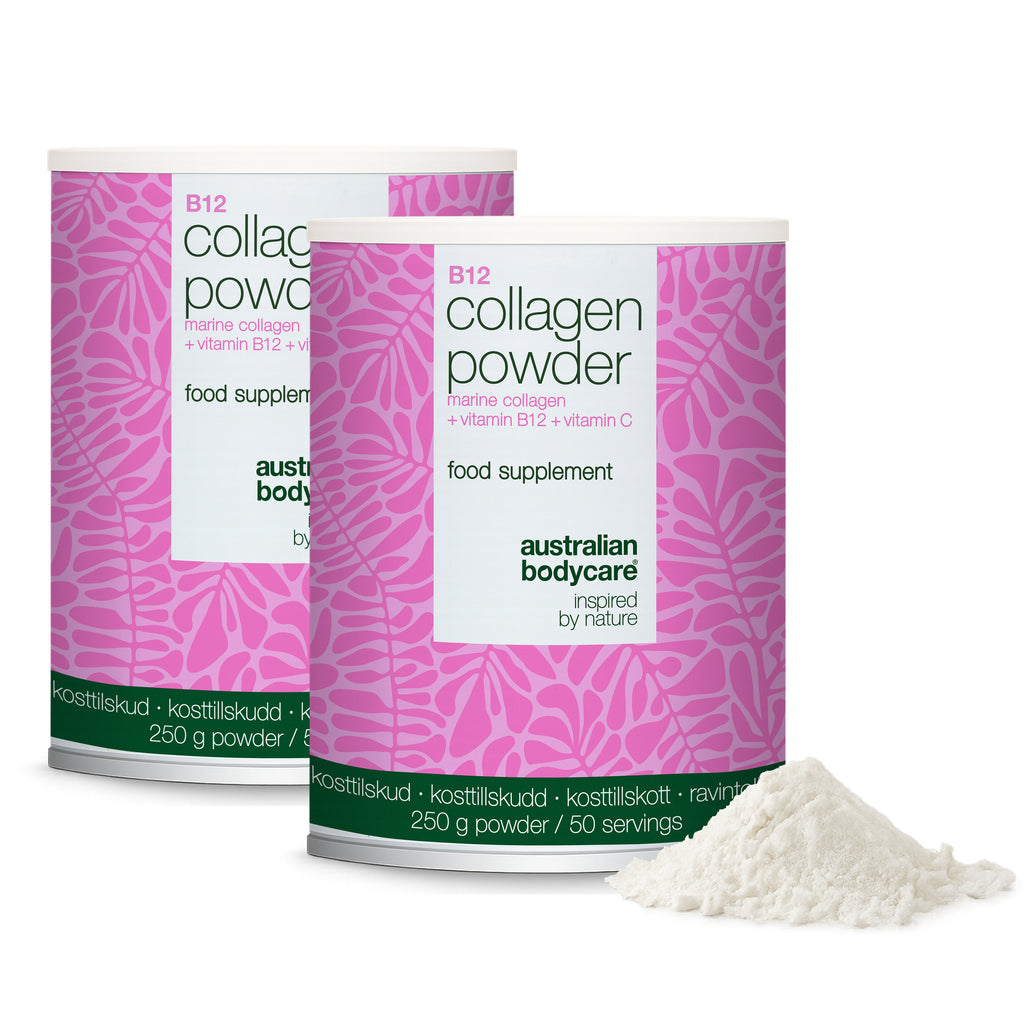 Kollagenpulver med B12 og C-vitamin – 250 g marinekollagen — Kollagenpulver til daglig brug i mad og drikke. Indeholder marint kollagen, C-vitamin og B12-vitamin.