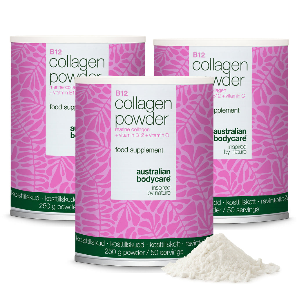 Kollagenpulver med B12 og C-vitamin – 250 g marinekollagen — Kollagenpulver til daglig brug i mad og drikke. Indeholder marint kollagen, C-vitamin og B12-vitamin.