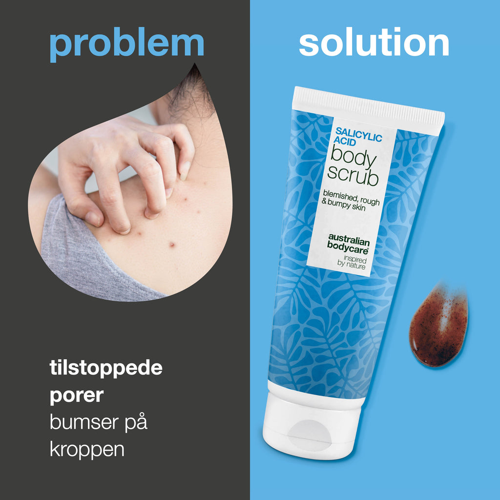 Body Scrub med salicylsyre til uren hud på kroppen – giver glattere hud — Body Scrub med salicylsyre fjerner døde hudceller, bumser og tilstoppede porer. Indeholder salicylsyre, glykolsyre & glycerin