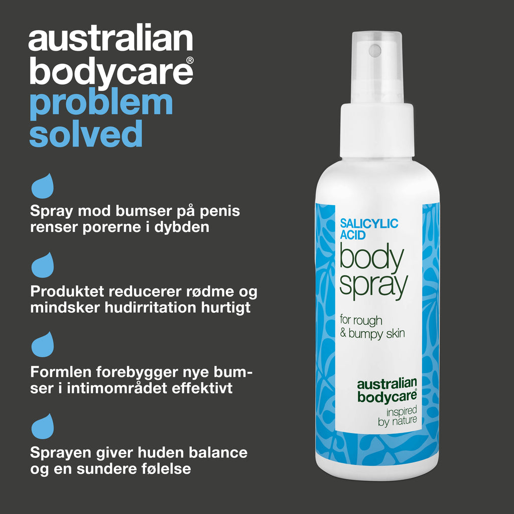 Spray mod bumser på penis – reducerer uren hud og rødme — Spray mod bumser på penis reducerer uren hud og rødme. Med salicylsyre, glykolsyre, zink, panthenol og glycerin.