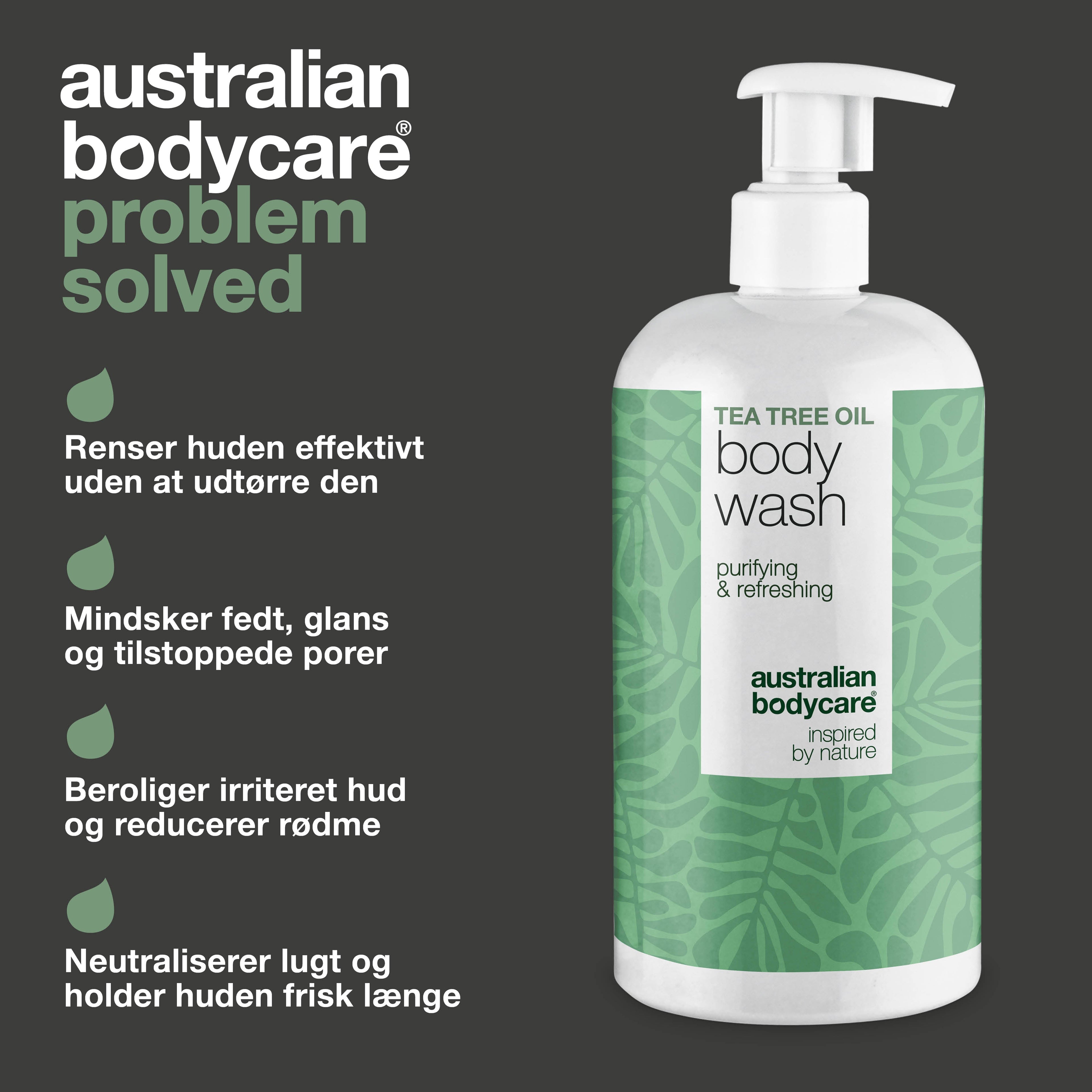 Tea Tree Body Wash til bumser, fedtet hud og kropslugt — Tea Tree Body Wash til uren, fedtet eller irriteret hud. Med Tea Tree Oil, Zinc PCA og mild Coco-Betaine.