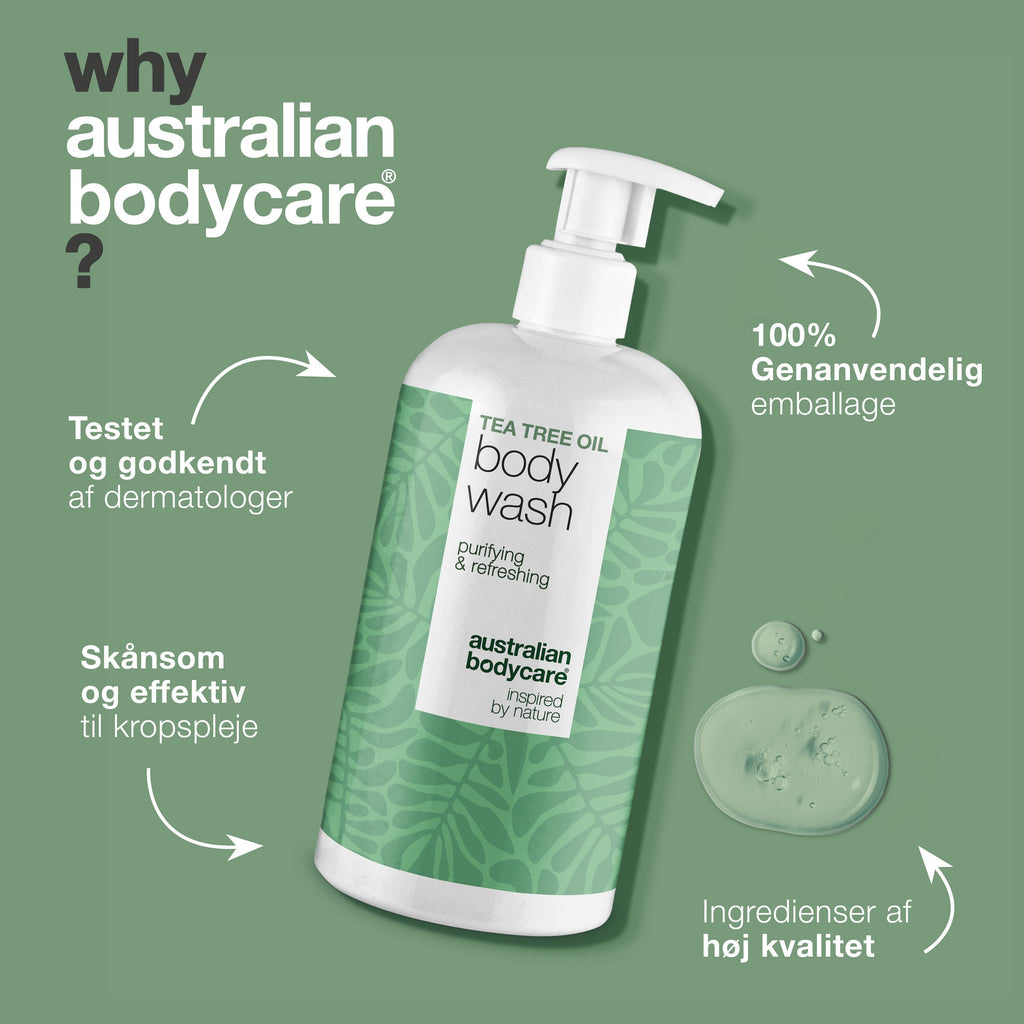 Tea Tree Body Wash til bumser, fedtet hud og kropslugt — Tea Tree Body Wash til uren, fedtet eller irriteret hud. Med Tea Tree Oil, Zinc PCA og mild Coco-Betaine.