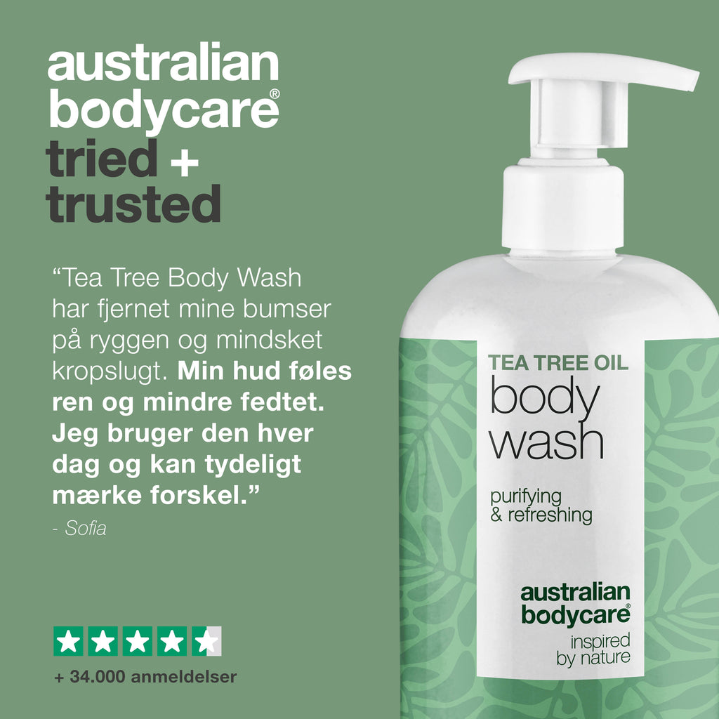 Tea Tree Body Wash til bumser, fedtet hud og kropslugt — Tea Tree Body Wash til uren, fedtet eller irriteret hud. Med Tea Tree Oil, Zinc PCA og mild Coco-Betaine.