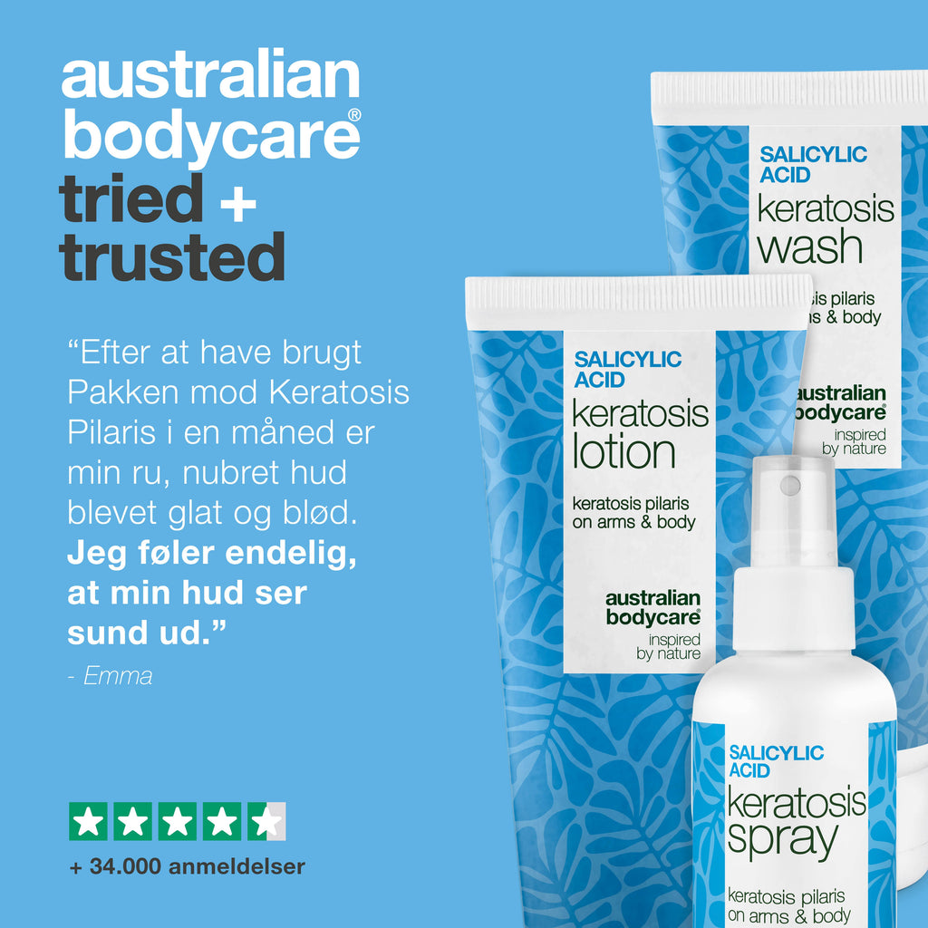 Pakke mod Keratosis Pilaris – Glatter ru og tør hud — Pakke mod Keratosis Pilaris udjævner røde knopper og ru hud. Gør huden blød og glat på arme, lår og baller.