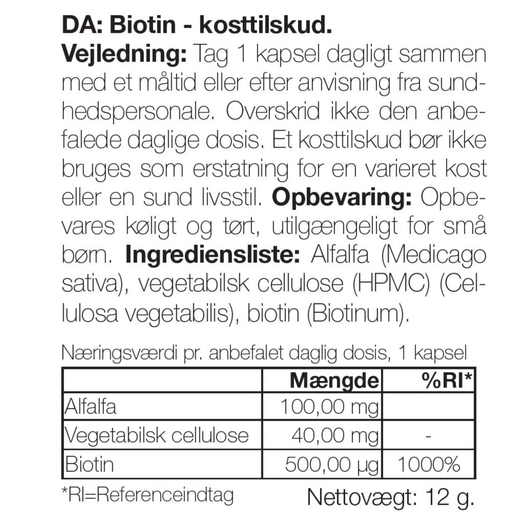 Biotin 500 µg – kosttilskud med vitamin B7 – 90 stk. — Biotin 500 µg med vitamin B7 – 90 tabletter til hud, hår og slimhinder. Indeholder biotin, Medicago sativa og vegetabilsk cellulose.